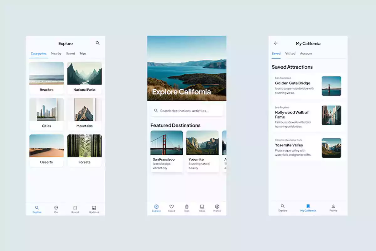 Mobile app interface for exploring tourist destinations in California with categories such as beaches, national parks, cities, mountains, deserts, and forests, as well as featured destinations and saved attractions Mobile app interface for exploring tourist destinations in California with categories such as beaches, national parks, cities, mountains, deserts, and forests, as well as featured destinations and saved attractions