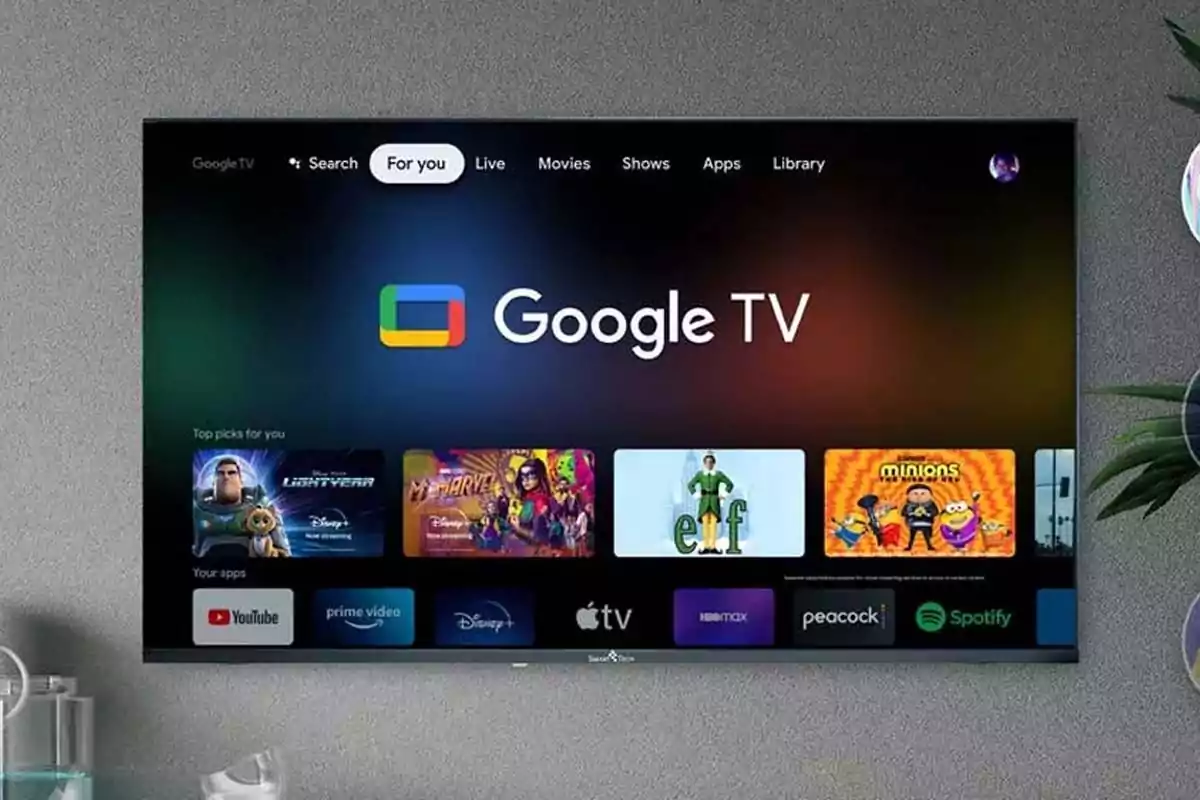 Television screen displaying the main Google TV interface with various apps and recommendations for movies and shows Television screen displaying the main Google TV interface with various apps and recommendations for movies and shows