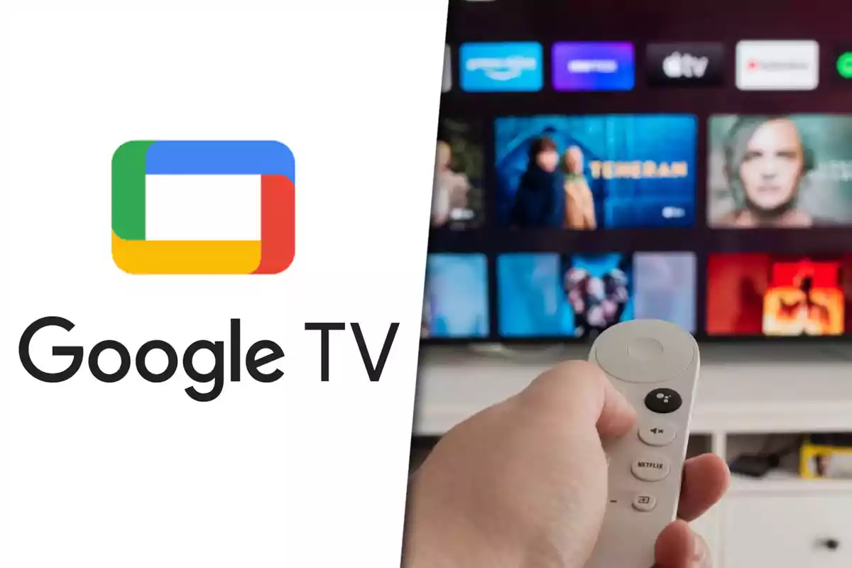 Person using a remote control in front of a television with the Google TV interface and the Google TV logo on the left