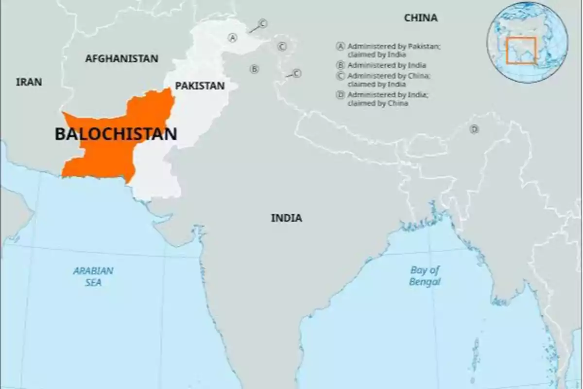 Map showing the region of Balochistan in Pakistan highlighted in orange, with neighboring countries such as Iran, Afghanistan, India, and China, and the Arabian Sea to the south. Map showing the region of Balochistan in Pakistan highlighted in orange, with neighboring countries such as Iran, Afghanistan, India, and China, and the Arabian Sea to the south.