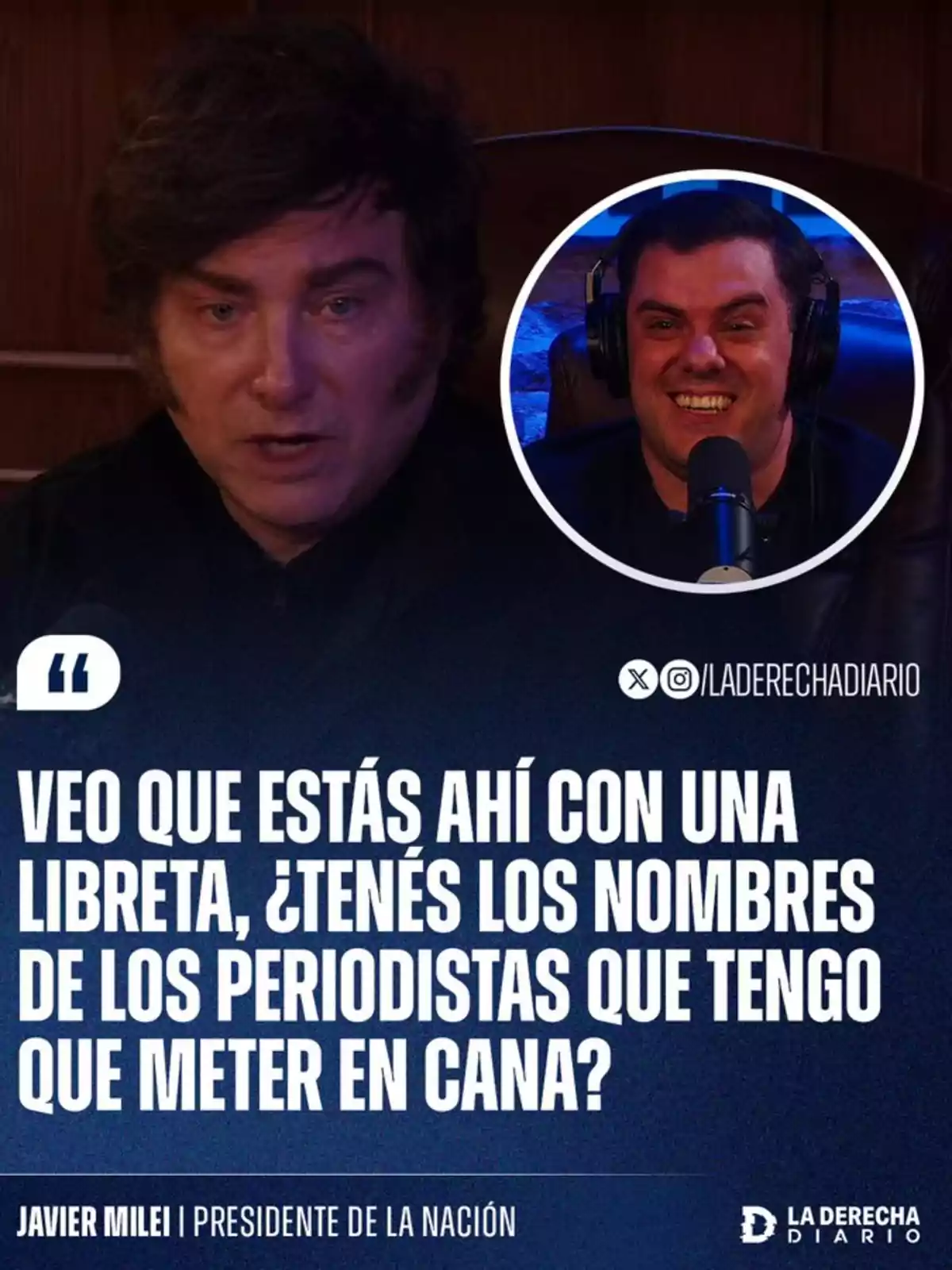 Dos personas en un estudio de grabación, una de ellas está hablando mientras la otra sonríe con auriculares puestos. Hay un texto en la imagen que menciona una libreta y periodistas. Dos personas en un estudio de grabación, una de ellas está hablando mientras la otra sonríe con auriculares puestos. Hay un texto en la imagen que menciona una libreta y periodistas.