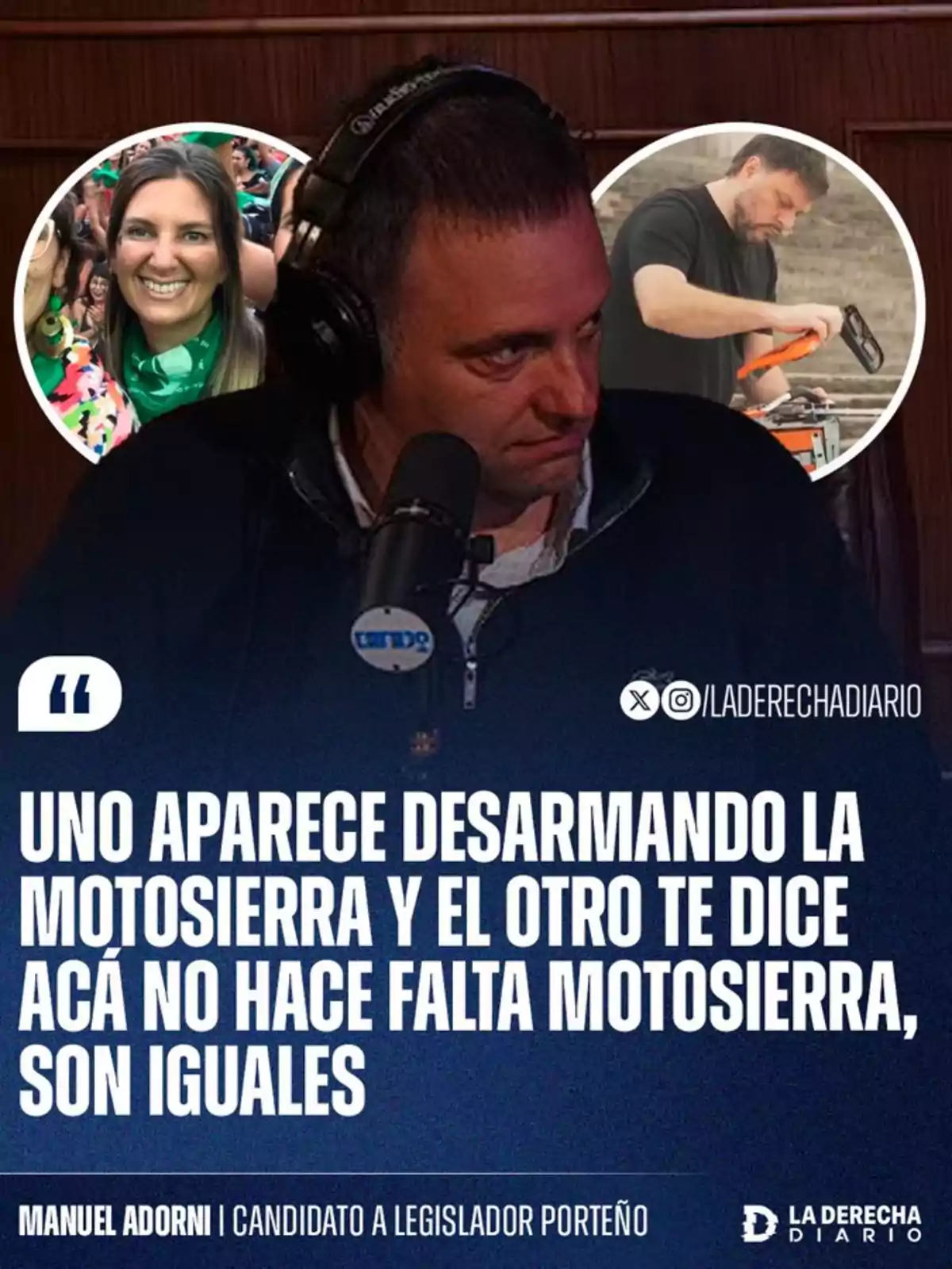 Un hombre con auriculares frente a un micrófono, acompañado de dos imágenes circulares en la parte superior, una de una mujer sonriendo y otra de un hombre manipulando una motosierra, con un texto que menciona la comparación entre dos personas y el uso de una motosierra. Un hombre con auriculares frente a un micrófono, acompañado de dos imágenes circulares en la parte superior, una de una mujer sonriendo y otra de un hombre manipulando una motosierra, con un texto que menciona la comparación entre dos personas y el uso de una motosierra.