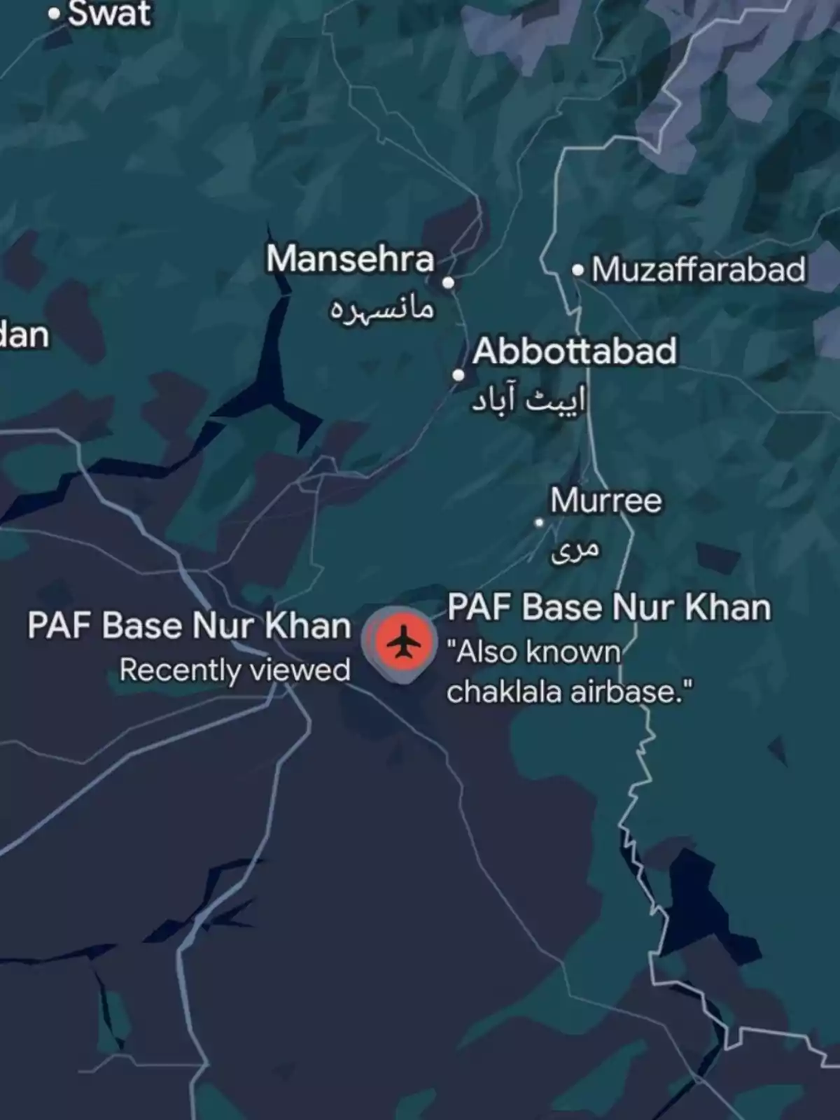 Mapa que muestra la ubicación de la Base Aérea PAF Nur Khan cerca de las ciudades de Mansehra, Abbottabad, Muzaffarabad y Murree. Mapa que muestra la ubicación de la Base Aérea PAF Nur Khan cerca de las ciudades de Mansehra, Abbottabad, Muzaffarabad y Murree.