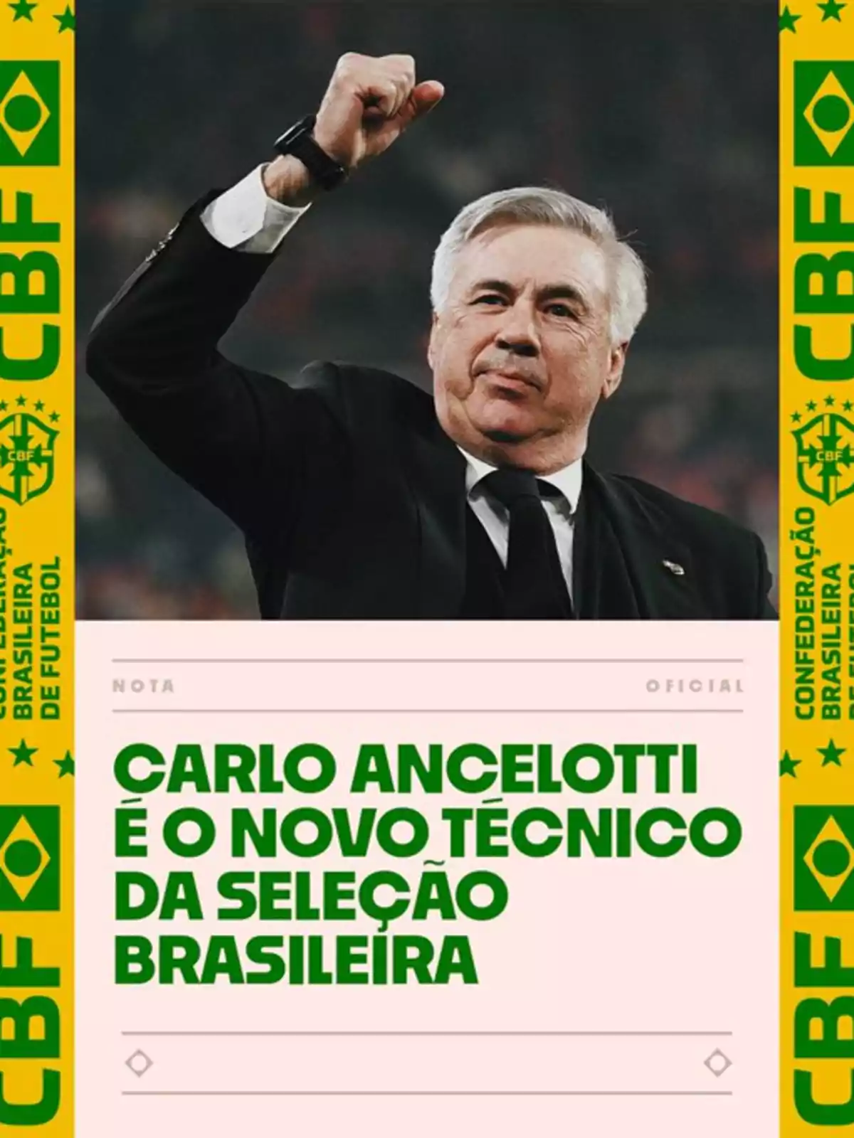 Un hombre de traje levanta el puño en señal de celebración, rodeado por un marco amarillo con el logo de la Confederación Brasileña de Fútbol y texto que anuncia un nuevo técnico para la selección brasileña. Un hombre de traje levanta el puño en señal de celebración, rodeado por un marco amarillo con el logo de la Confederación Brasileña de Fútbol y texto que anuncia un nuevo técnico para la selección brasileña.