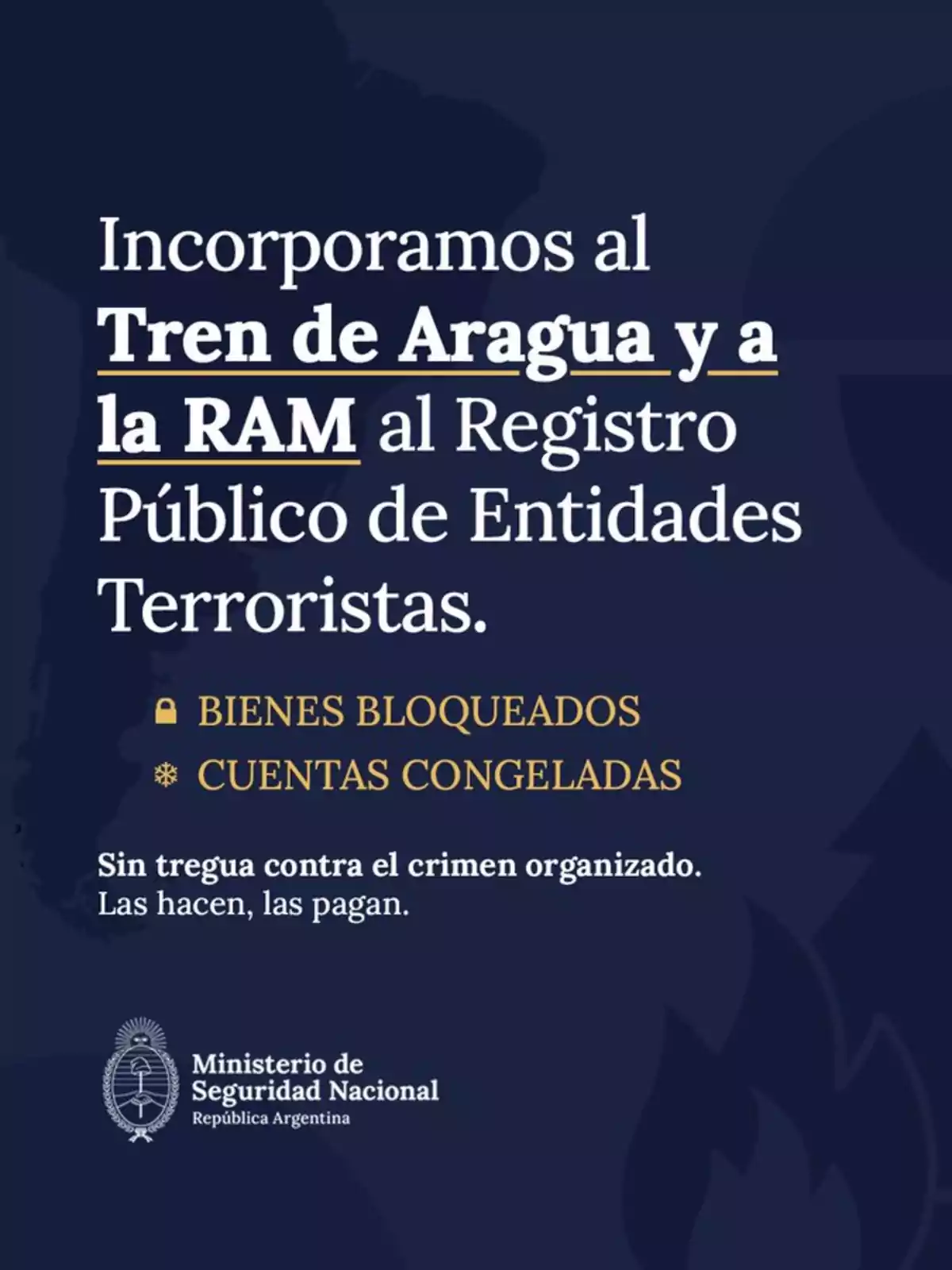 The image shows an announcement from the Ministry of National Security of Argentina informing about the inclusion of the Tren de Aragua and the RAM in the Public Registry of Terrorist Entities, highlighting that assets have been blocked and accounts frozen, with the message The image shows an announcement from the Ministry of National Security of Argentina informing about the inclusion of the Tren de Aragua and the RAM in the Public Registry of Terrorist Entities, highlighting that assets have been blocked and accounts frozen, with the message