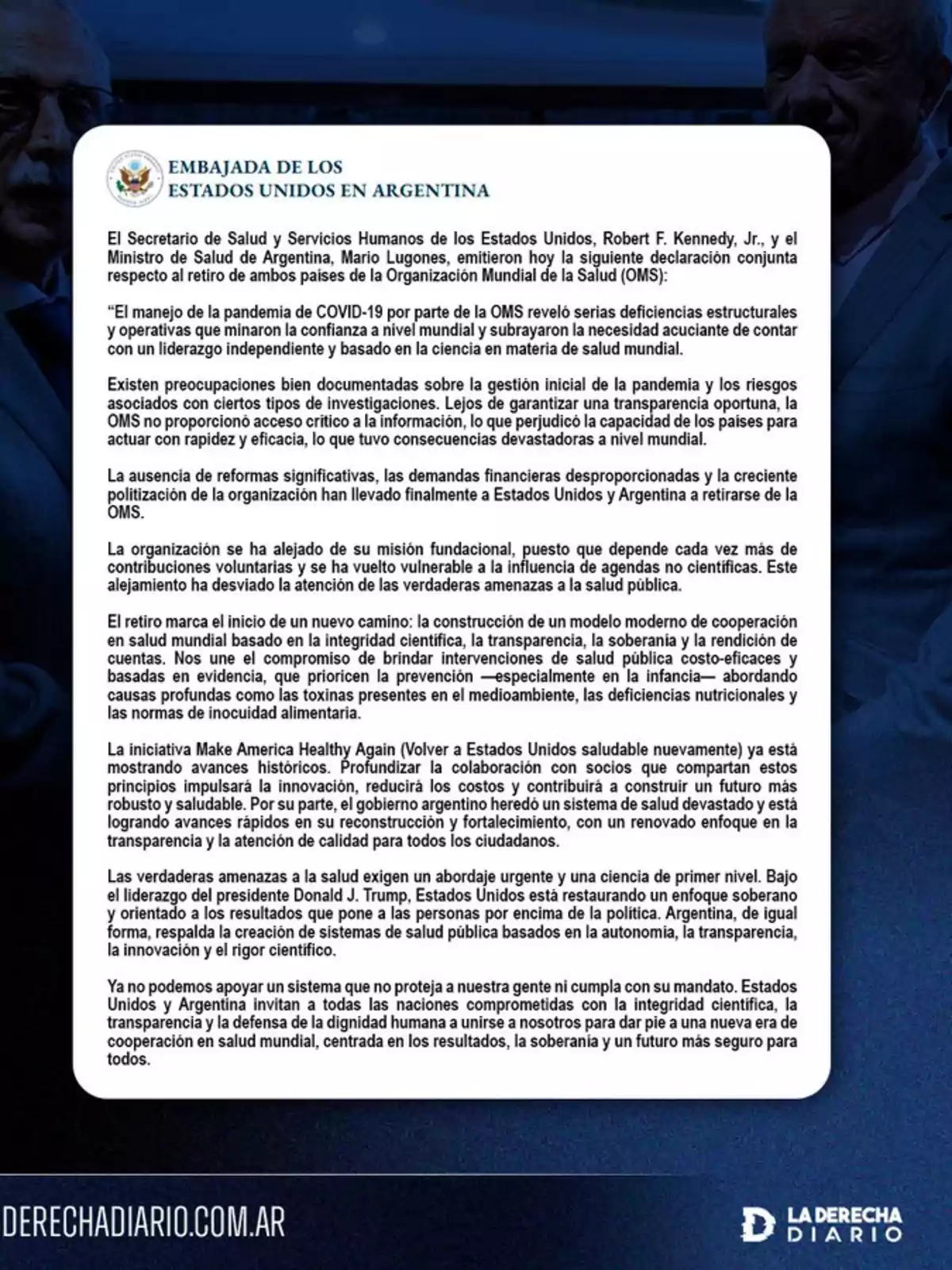 Statement from the United States Embassy in Argentina on the withdrawal of the United States and Argentina from the World Health Organization, detailing criticisms of the WHO’s management of the COVID-19 pandemic, the need for reforms, the importance of transparency, and international cooperation in public health. Statement from the United States Embassy in Argentina on the withdrawal of the United States and Argentina from the World Health Organization, detailing criticisms of the WHO’s management of the COVID-19 pandemic, the need for reforms, the importance of transparency, and international cooperation in public health.