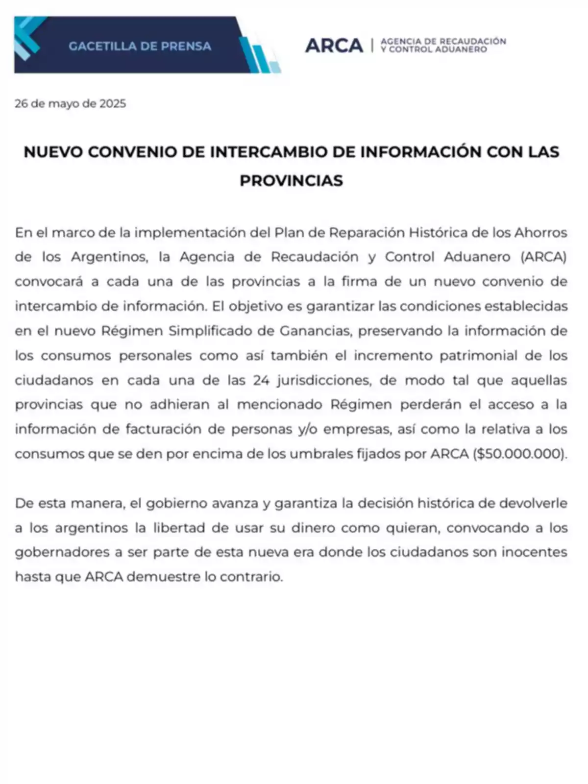 Comunicado oficial de la Agencia de Recaudación y Control Aduanero sobre un nuevo convenio de intercambio de información con las provincias, destacando la preservación de datos personales y patrimoniales de los ciudadanos y la invitación a los gobernadores a sumarse a la iniciativa Comunicado oficial de la Agencia de Recaudación y Control Aduanero sobre un nuevo convenio de intercambio de información con las provincias, destacando la preservación de datos personales y patrimoniales de los ciudadanos y la invitación a los gobernadores a sumarse a la iniciativa
