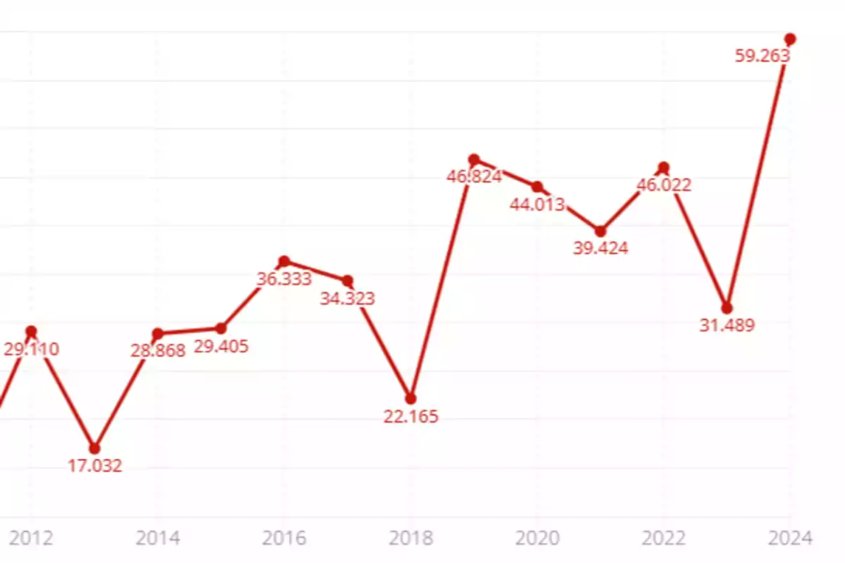 Gráfico de líneas que muestra la evolución de datos anuales desde 2010 hasta 2024, con fluctuaciones significativas en los valores.