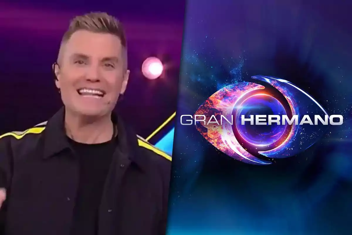 Un conductor de televisión sonríe junto al logo colorido del programa Gran Hermano sobre un fondo azul oscuro.