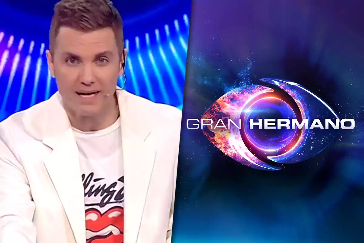 Un presentador con saco blanco y camiseta de los Rolling Stones aparece junto al logo colorido del programa Gran Hermano sobre un fondo azul brillante