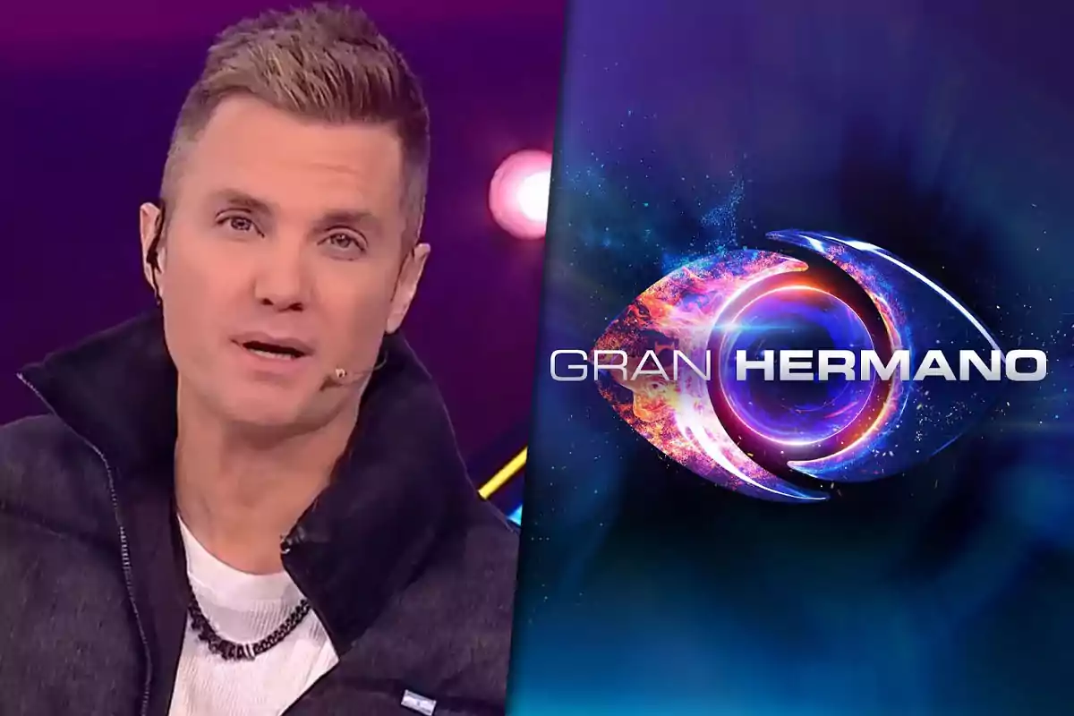 A TV host with a microphone on their face appears next to the colorful Gran Hermano logo against a dark blue background.