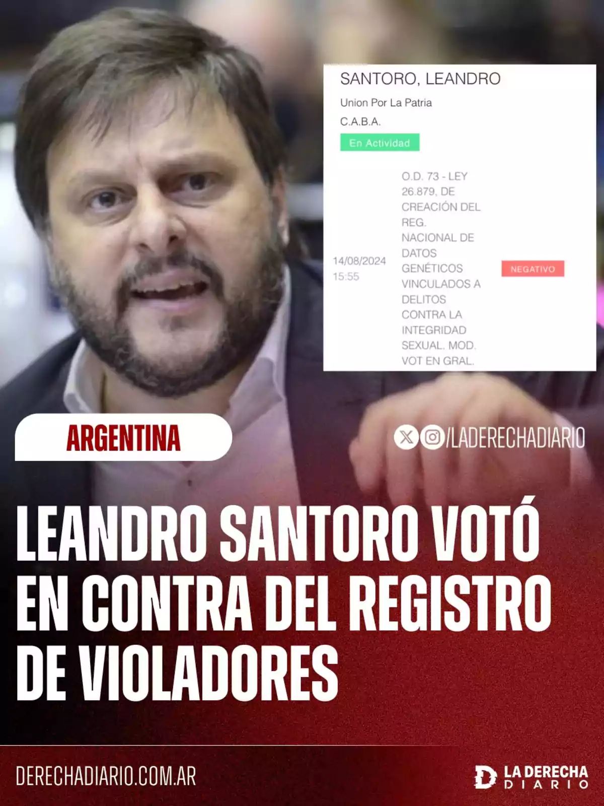 Un hombre con barba aparece en la imagen junto a un texto que menciona un voto en contra de un registro relacionado con delitos sexuales en Argentina. Un hombre con barba aparece en la imagen junto a un texto que menciona un voto en contra de un registro relacionado con delitos sexuales en Argentina.