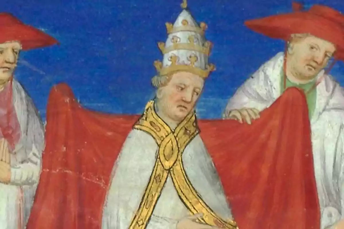 Medieval painting of a pope with a tiara and two cardinals holding a red mantle. Medieval painting of a pope with a tiara and two cardinals holding a red mantle.