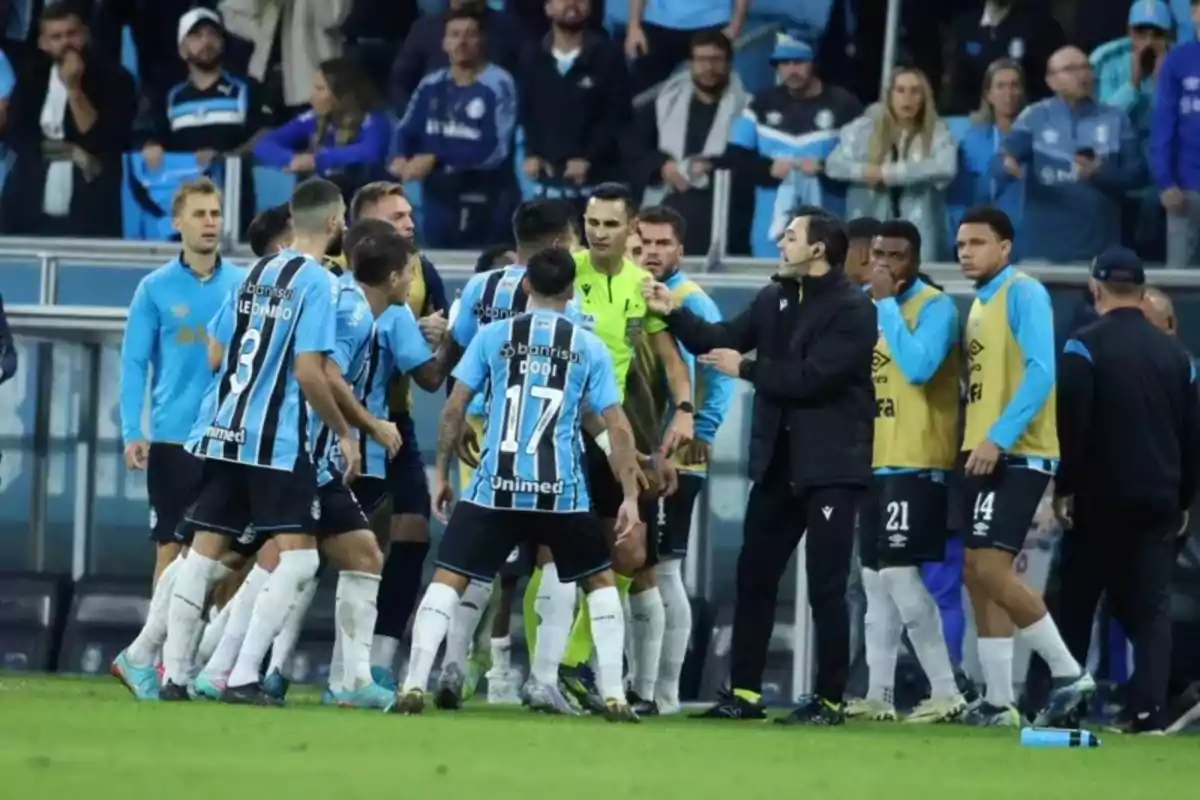 Soccer players and a referee argue on the field during a match with spectators in the background. Soccer players and a referee argue on the field during a match with spectators in the background.