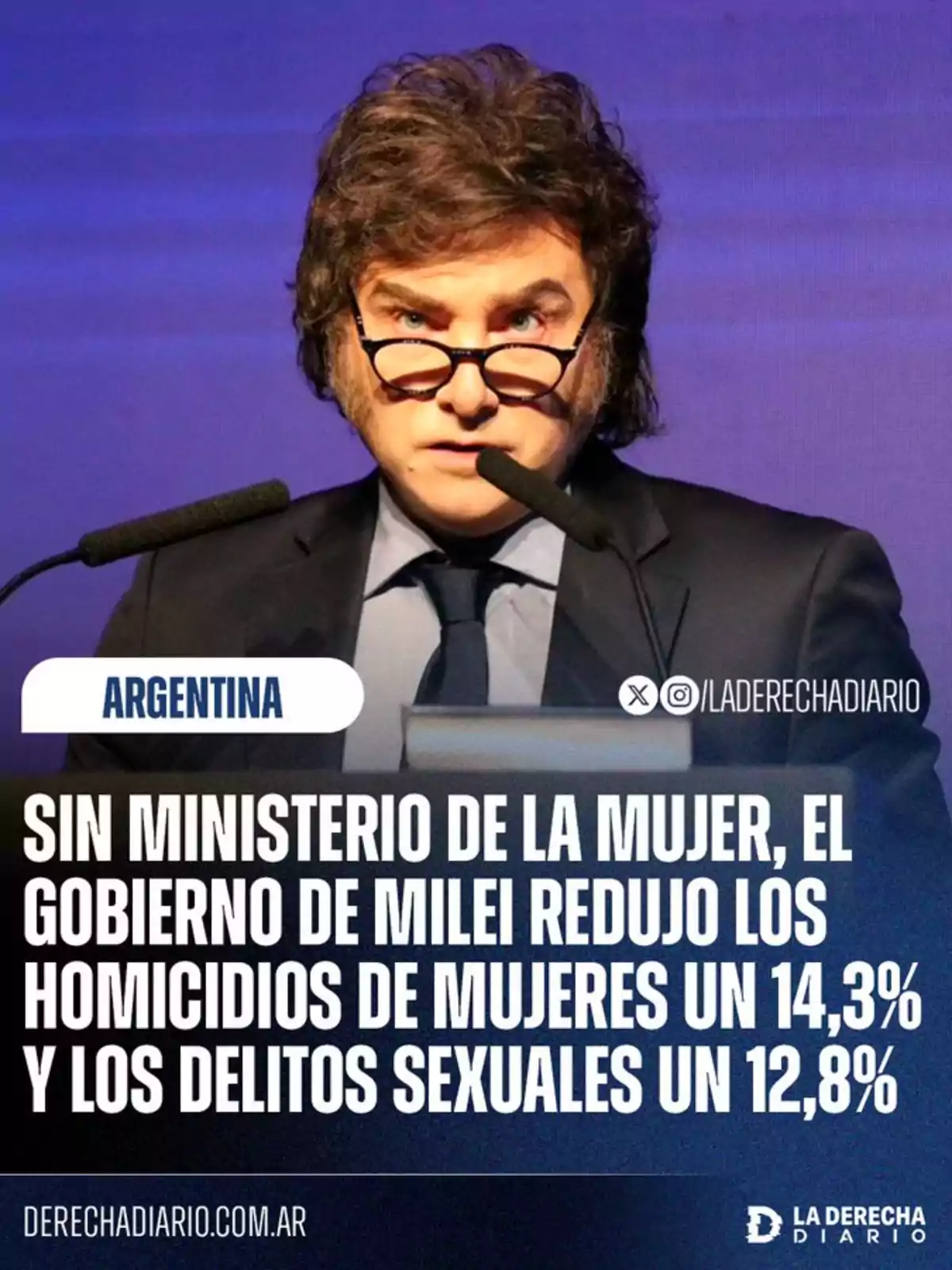 Hombre con gafas y traje hablando frente a dos micrófonos con un fondo azul y un texto que menciona la reducción de homicidios de mujeres y delitos sexuales en Argentina bajo el gobierno de Milei según un medio llamado La Derecha Diario Hombre con gafas y traje hablando frente a dos micrófonos con un fondo azul y un texto que menciona la reducción de homicidios de mujeres y delitos sexuales en Argentina bajo el gobierno de Milei según un medio llamado La Derecha Diario