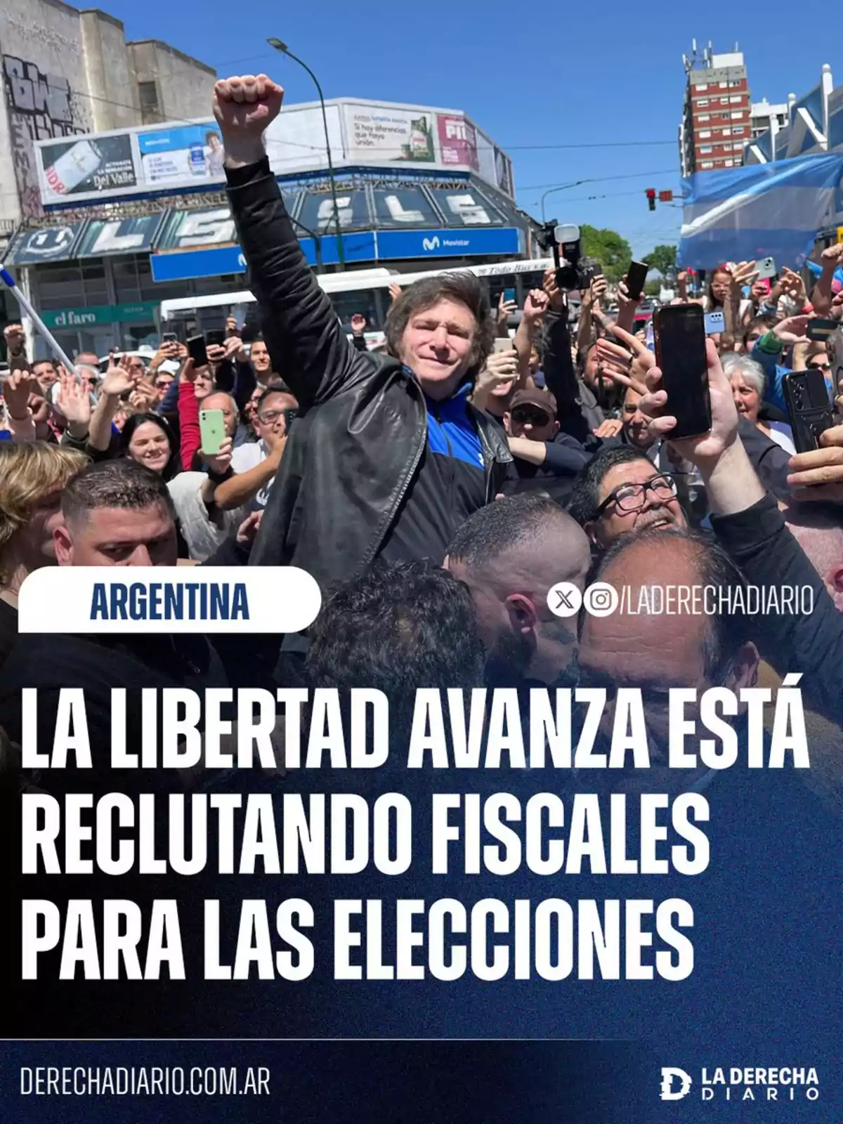 A crowd gathers on a street in Argentina, where a person raises their fist in excitement, while the text highlights that A crowd gathers on a street in Argentina, where a person raises their fist in excitement, while the text highlights that