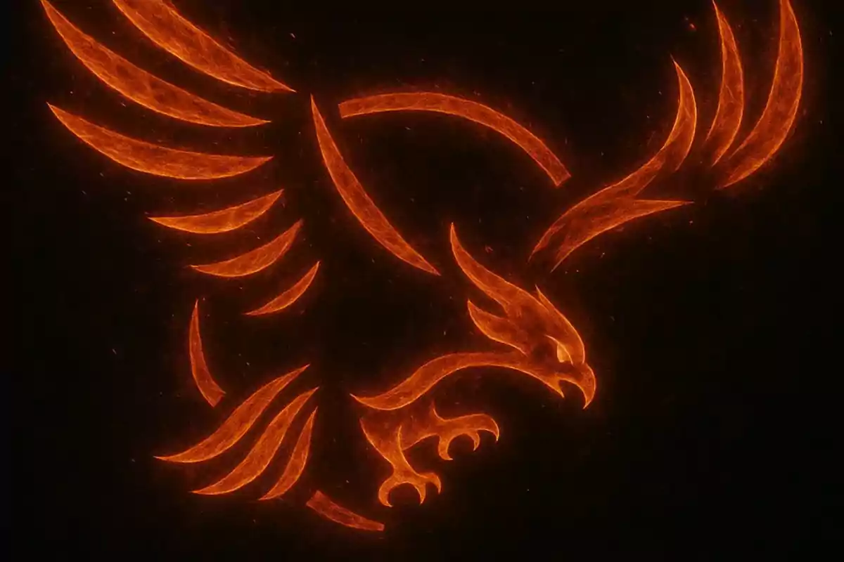 Águila estilizada en tonos naranjas brillando sobre fondo oscuro