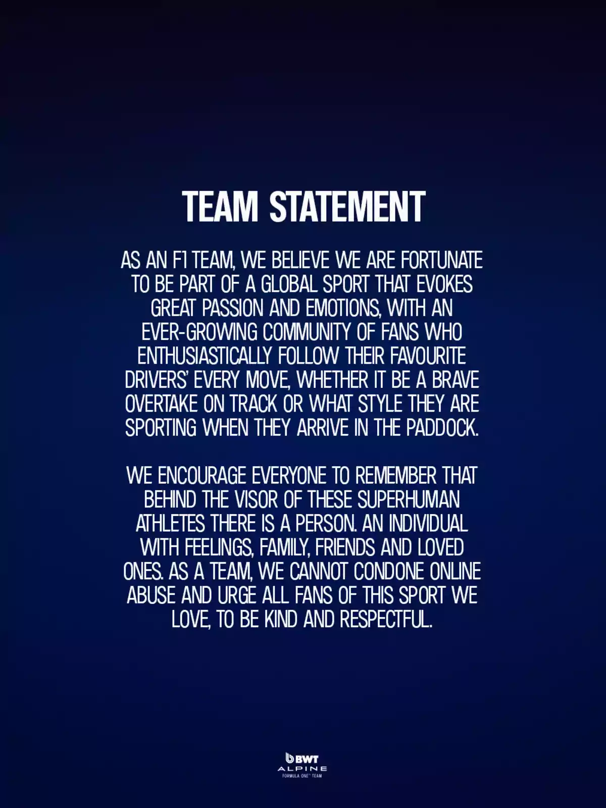 The F1 team expresses its gratitude for being part of a global sport that evokes great passion and emotions, with a community of fans who follow every move of their favorite drivers. They invite everyone to remember that behind every athlete there is a person with feelings, family, and friends, and they do not tolerate online abuse, urging fans to be kind and respectful. The F1 team expresses its gratitude for being part of a global sport that evokes great passion and emotions, with a community of fans who follow every move of their favorite drivers. They invite everyone to remember that behind every athlete there is a person with feelings, family, and friends, and they do not tolerate online abuse, urging fans to be kind and respectful.