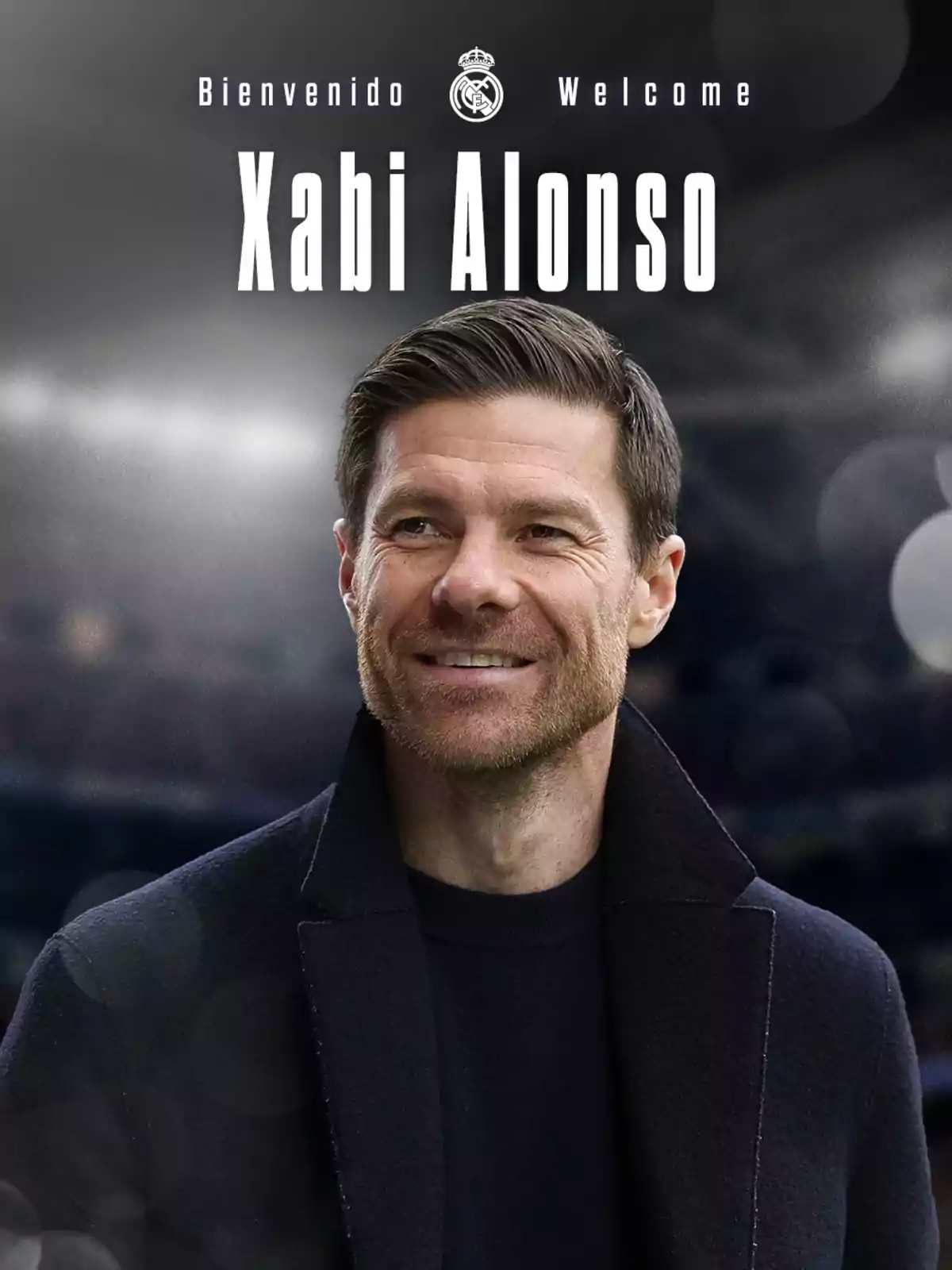Un hombre sonriente con barba y cabello corto, vestido con un abrigo oscuro, con un fondo desenfocado y texto de bienvenida en la parte superior. Un hombre sonriente con barba y cabello corto, vestido con un abrigo oscuro, con un fondo desenfocado y texto de bienvenida en la parte superior.