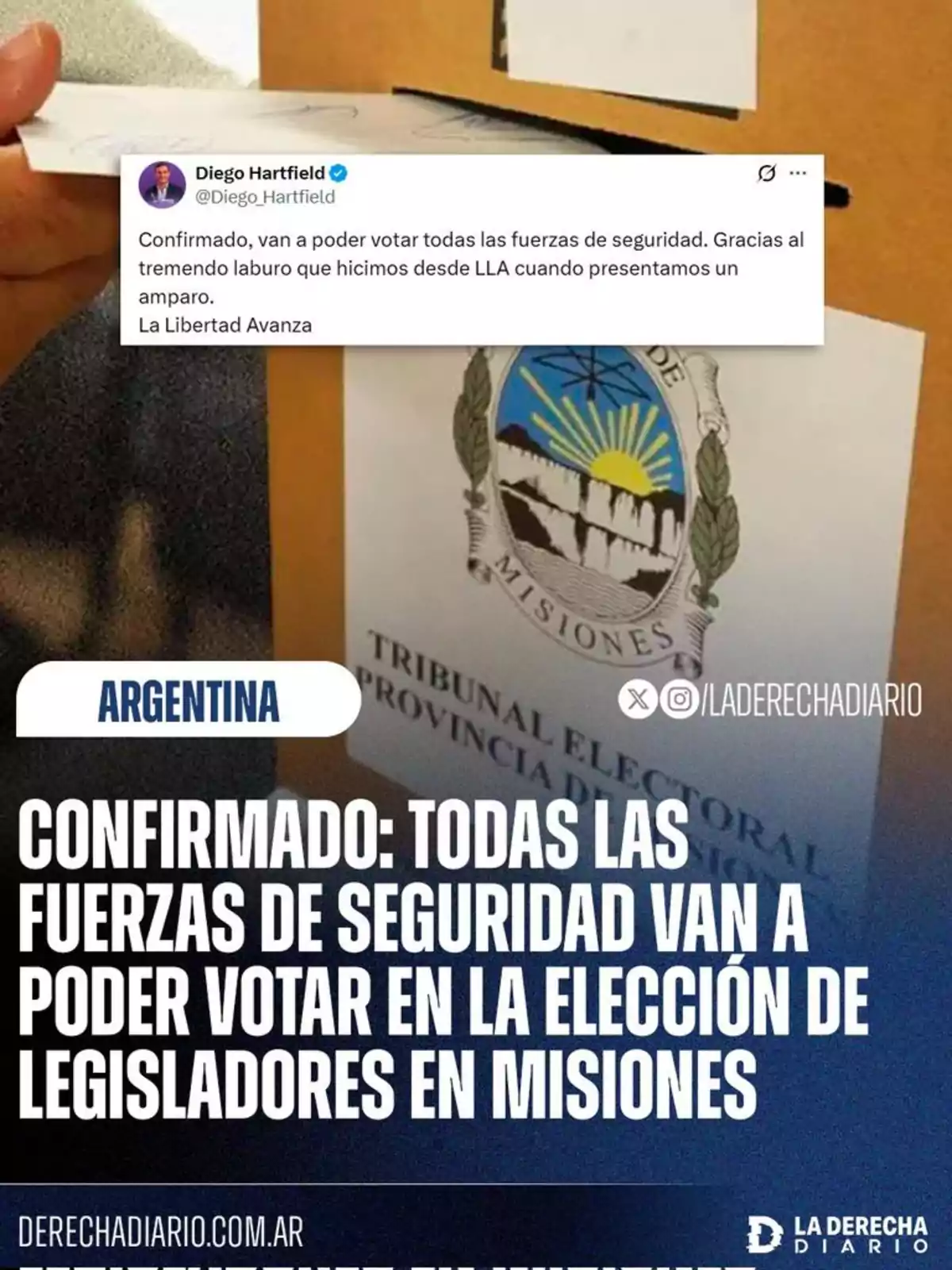 Una mano introduce una boleta en una urna con el escudo de la provincia de Misiones y un tuit sobre la confirmación de que las fuerzas de seguridad podrán votar en la elección de legisladores en Misiones, acompañado de un titular destacado sobre el mismo tema Una mano introduce una boleta en una urna con el escudo de la provincia de Misiones y un tuit sobre la confirmación de que las fuerzas de seguridad podrán votar en la elección de legisladores en Misiones, acompañado de un titular destacado sobre el mismo tema