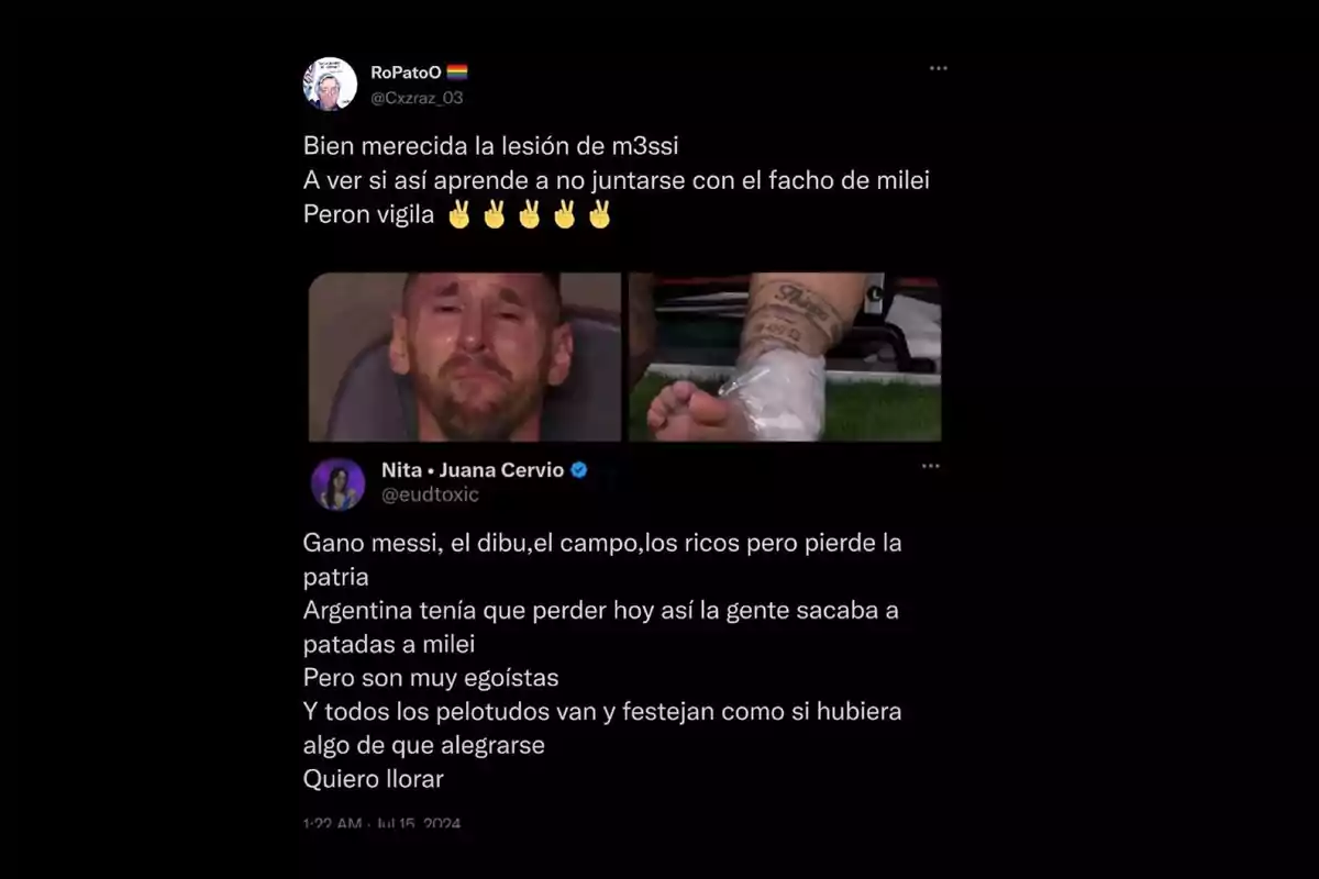 Captura de pantalla de dos tuits. El primero menciona una lesión de un jugador y hace referencia a un político. El segundo tuit habla sobre un partido de fútbol y expresa descontento con el resultado. La imagen incluye una foto de un jugador llorando y otra de su tobillo vendado.