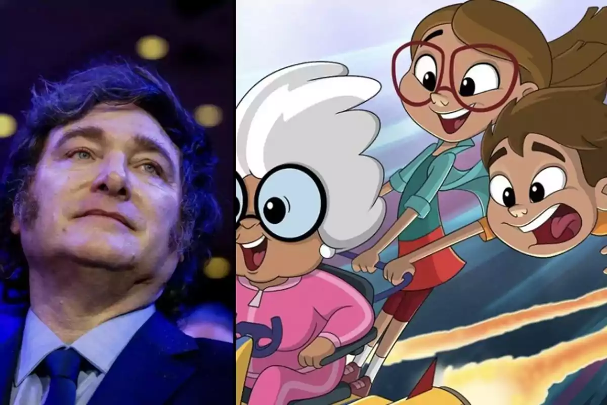 Un hombre de cabello oscuro y expresión seria aparece a la izquierda, mientras que a la derecha hay una ilustración colorida de una abuela y dos niños sonrientes en una aventura animada. Un hombre de cabello oscuro y expresión seria aparece a la izquierda, mientras que a la derecha hay una ilustración colorida de una abuela y dos niños sonrientes en una aventura animada.