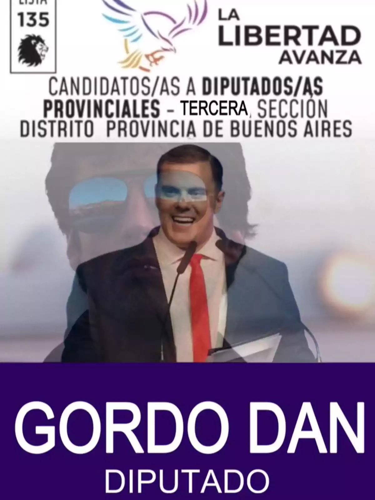 Afiche político editado con el logo de La Libertad Avanza y el texto Gordo Dan Diputado, con una imagen superpuesta de un hombre con micrófono y otra figura de fondo. Afiche político editado con el logo de La Libertad Avanza y el texto Gordo Dan Diputado, con una imagen superpuesta de un hombre con micrófono y otra figura de fondo.