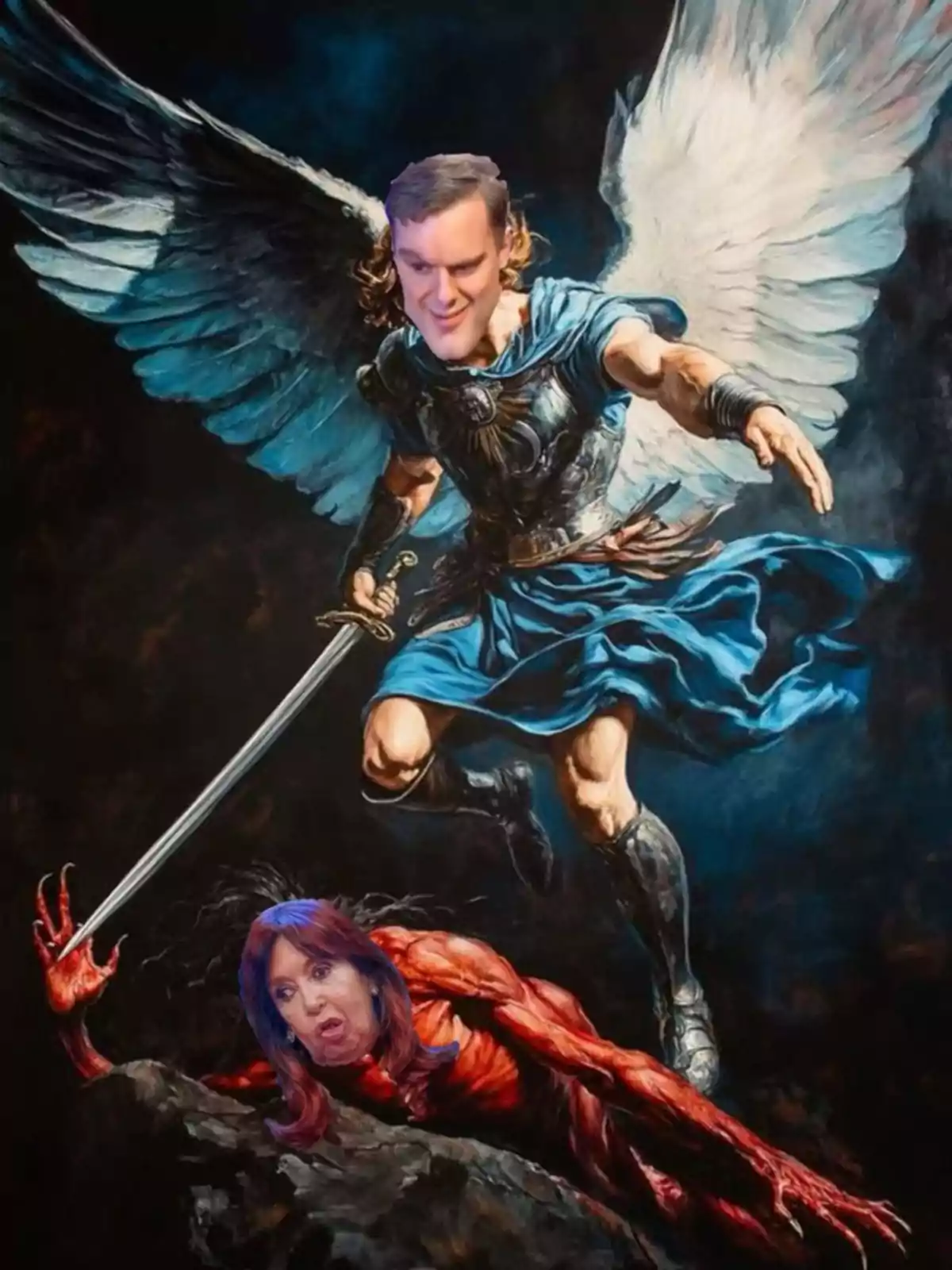 Un ángel con armadura y alas sostiene una espada mientras pisa a una figura demoníaca, ambos con rostros editados de personas. Un ángel con armadura y alas sostiene una espada mientras pisa a una figura demoníaca, ambos con rostros editados de personas.