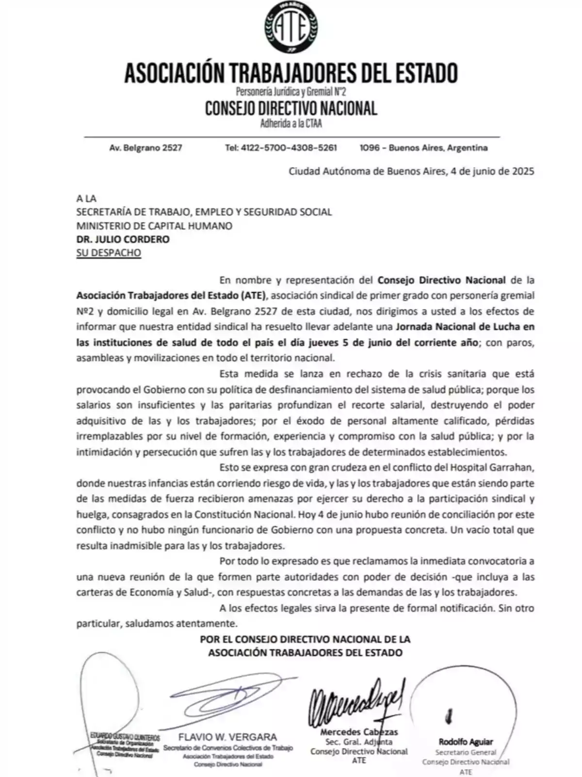 Formal letter from the State Workers' Association addressed to the Secretariat of Labor, Employment and Social Security, informing about a national day of protest in health institutions on June 5, 2025, with signatures of union representatives at the bottom of the document.