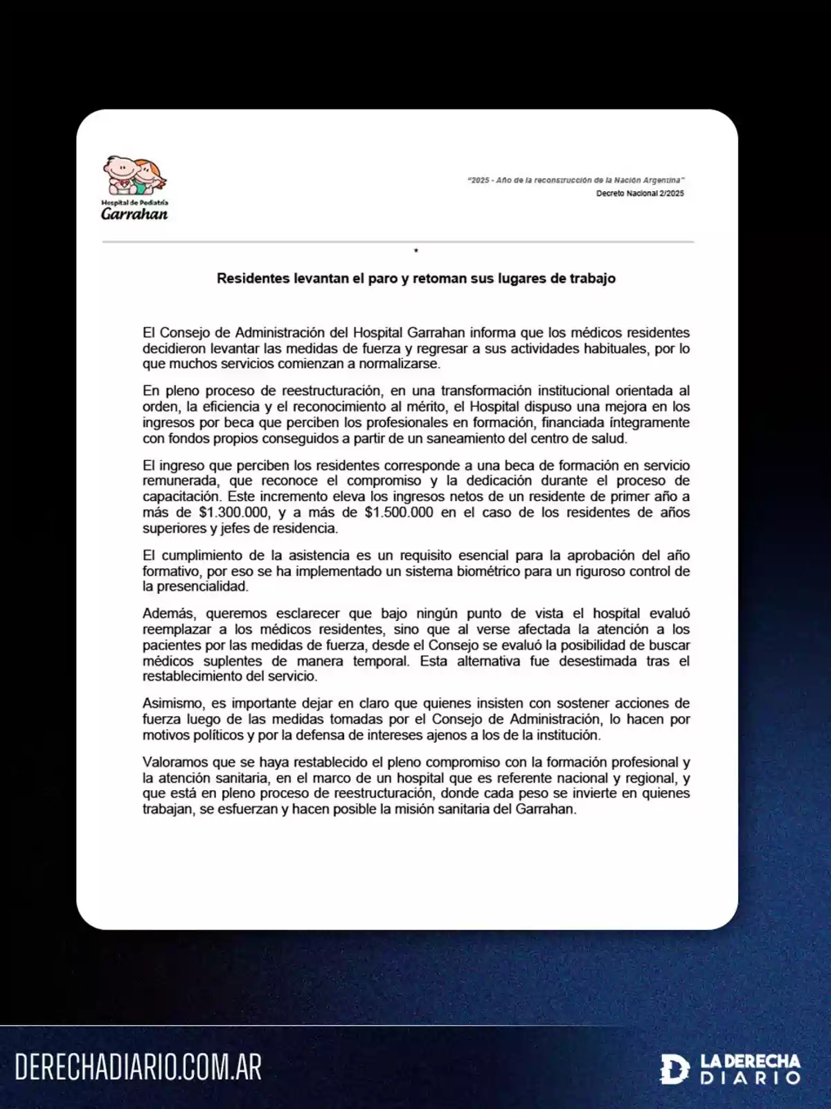Statement from Garrahan Hospital announcing that resident doctors are ending their strike and resuming their regular activities, detailing improvements in salaries, recognition of merit, implementation of biometric attendance control, and clarifying that replacing residents was never considered, while also emphasizing the commitment to professional training and healthcare provision.