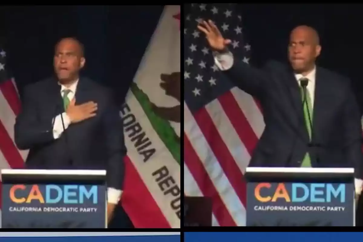Un hombre con traje oscuro y corbata verde está en un podio con el logo de CADEM California Democratic Party, al fondo hay banderas de Estados Unidos y California, en la primera imagen tiene la mano en el pecho y en la segunda está levantando la mano. Un hombre con traje oscuro y corbata verde está en un podio con el logo de CADEM California Democratic Party, al fondo hay banderas de Estados Unidos y California, en la primera imagen tiene la mano en el pecho y en la segunda está levantando la mano.