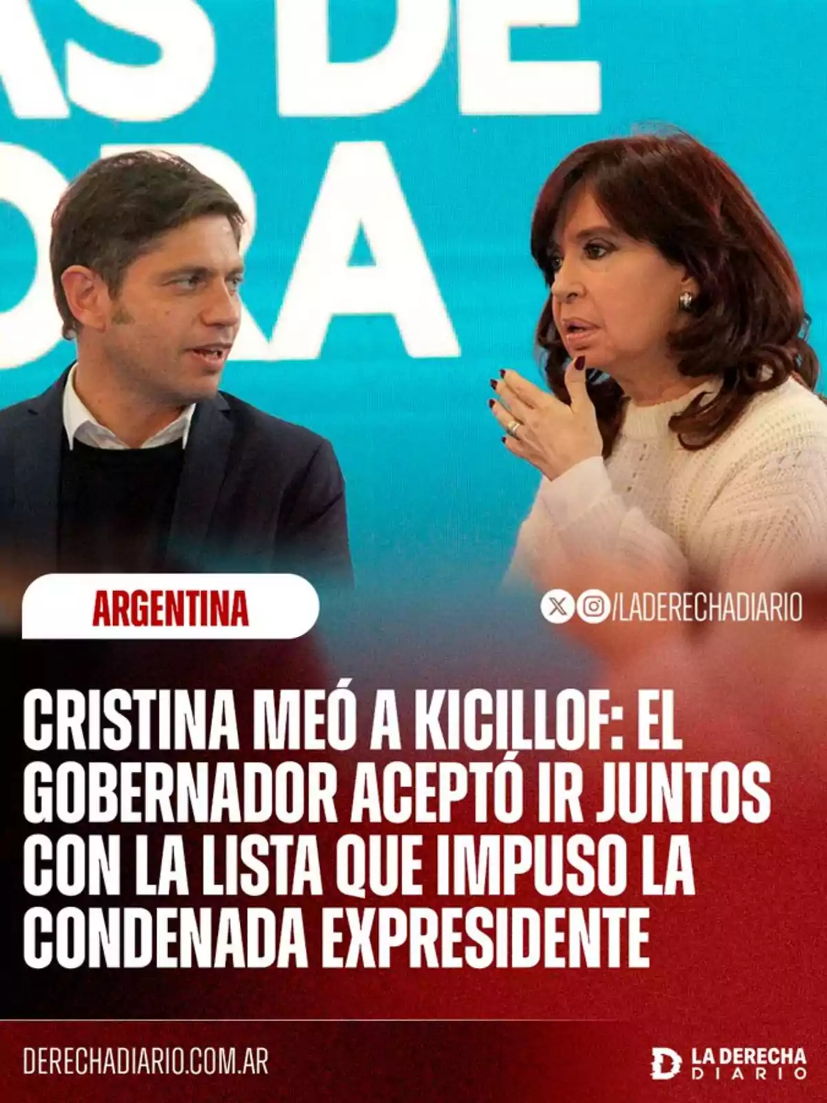 Un hombre y una mujer conversan en un escenario con fondo azul, acompañados de un titular de noticias políticas argentinas en letras blancas sobre fondo rojo Un hombre y una mujer conversan en un escenario con fondo azul, acompañados de un titular de noticias políticas argentinas en letras blancas sobre fondo rojo