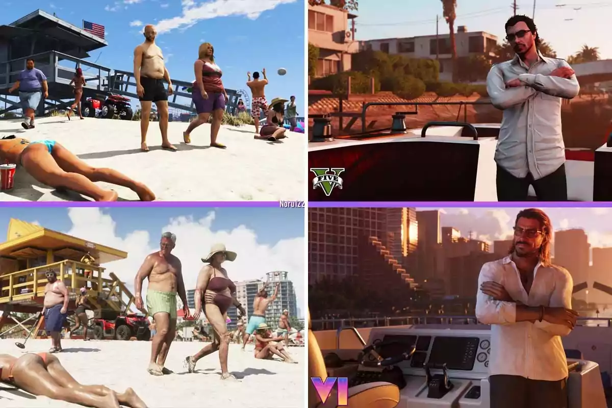 Graphics comparison between two versions of a video game showing similar scenes on the beach and a man standing on a yacht Graphics comparison between two versions of a video game showing similar scenes on the beach and a man standing on a yacht