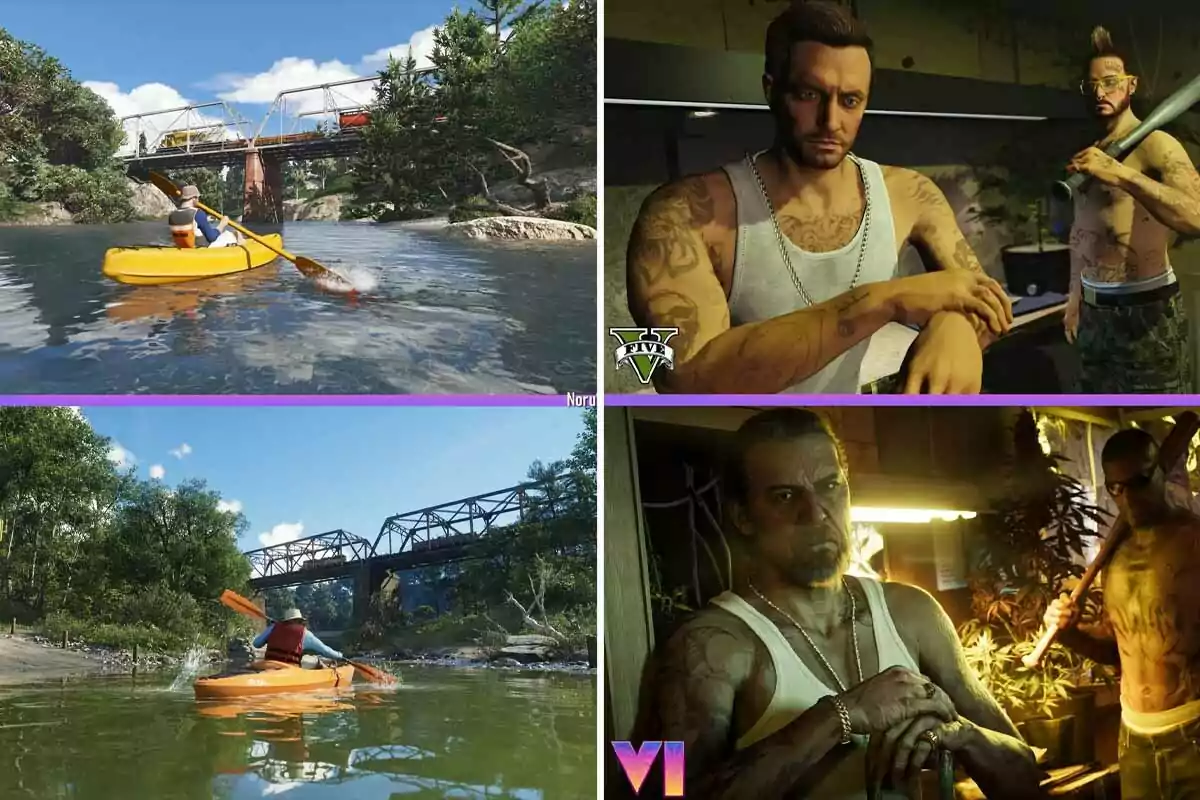 Comparison of graphics between two video games showing similar scenes of a man paddling a kayak under a bridge and two tattooed men in a room with plants and bats Comparison of graphics between two video games showing similar scenes of a man paddling a kayak under a bridge and two tattooed men in a room with plants and bats