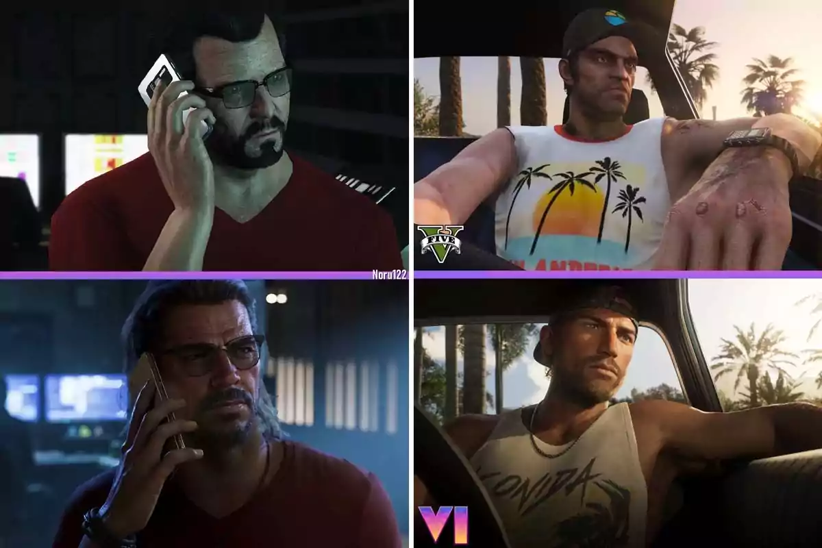 Comparison of video game characters showing at the top two characters from GTA V and at the bottom two characters from GTA VI in similar scenes, one talking on the phone and the other driving a car under the sunlight. Comparison of video game characters showing at the top two characters from GTA V and at the bottom two characters from GTA VI in similar scenes, one talking on the phone and the other driving a car under the sunlight.