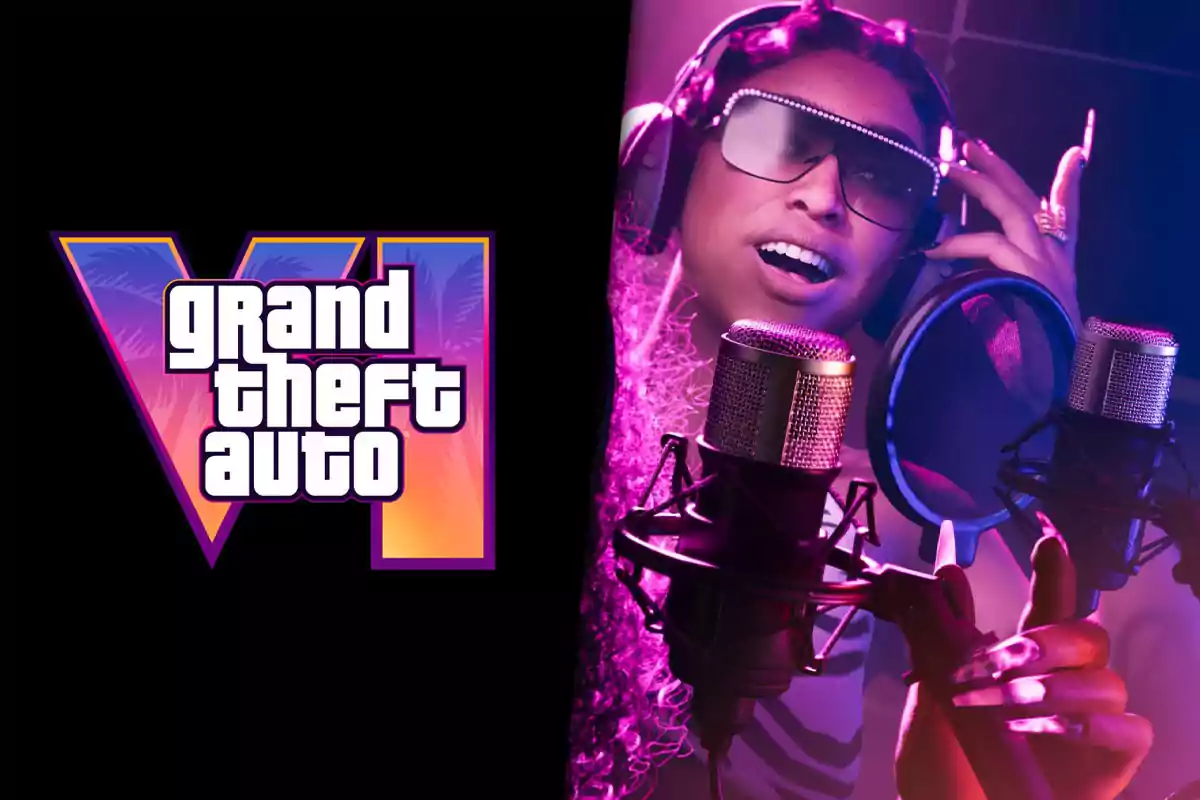 Grand Theft Auto VI logo next to a woman singing in a recording studio with microphones and headphones