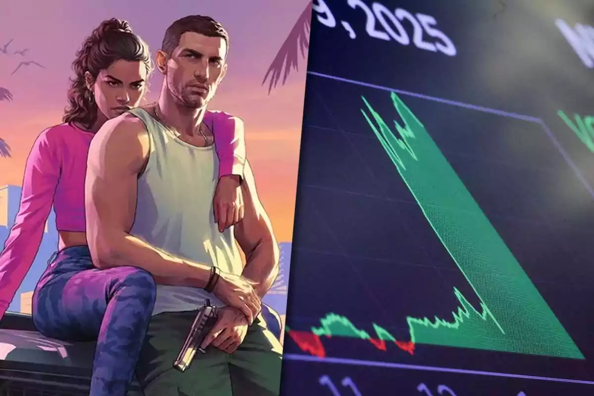 Una ilustración de dos personajes con un gráfico financiero en el lado derecho.