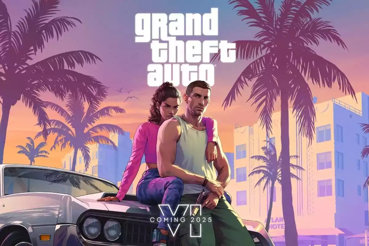 Ilustración de dos personajes apoyados en un auto con un fondo de palmeras y edificios al atardecer, con el texto "Grand Theft Auto" y "Coming 2025".