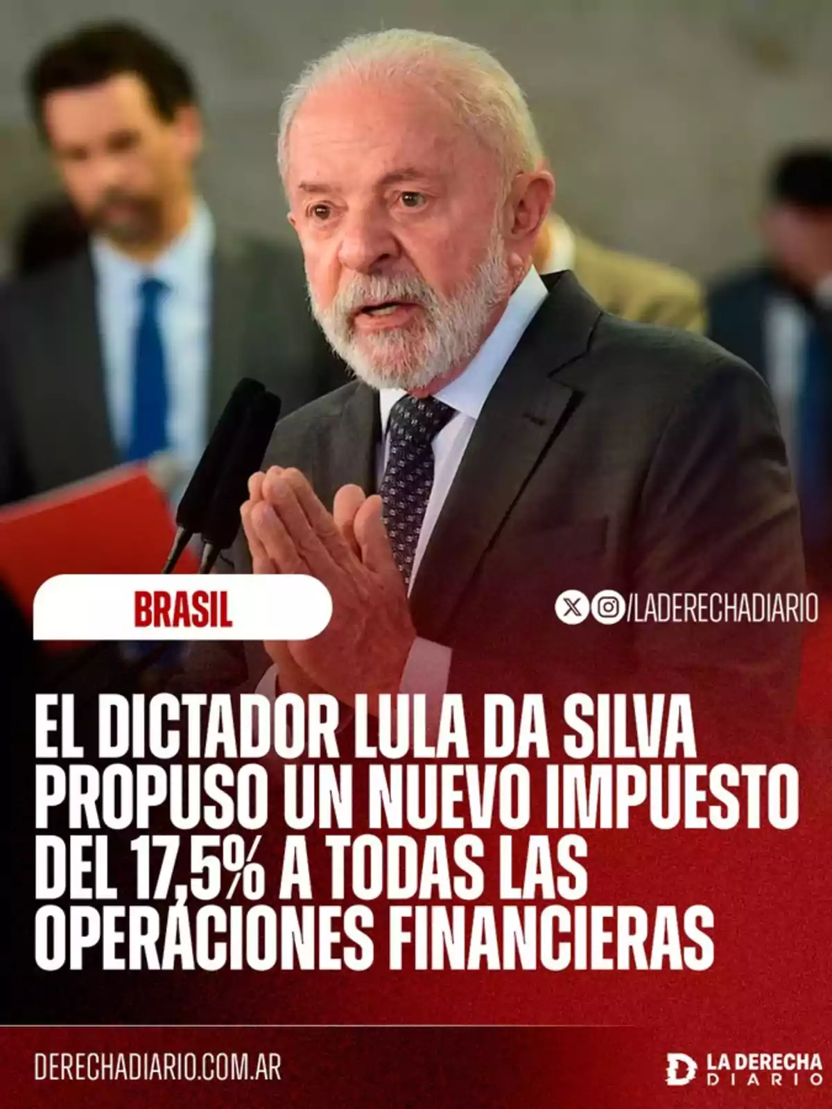 Un hombre de cabello y barba canosa, vestido con traje oscuro, habla frente a un micrófono mientras gesticula con las manos; en la imagen aparece un texto que menciona una propuesta de impuesto financiero en Brasil. Un hombre de cabello y barba canosa, vestido con traje oscuro, habla frente a un micrófono mientras gesticula con las manos; en la imagen aparece un texto que menciona una propuesta de impuesto financiero en Brasil.