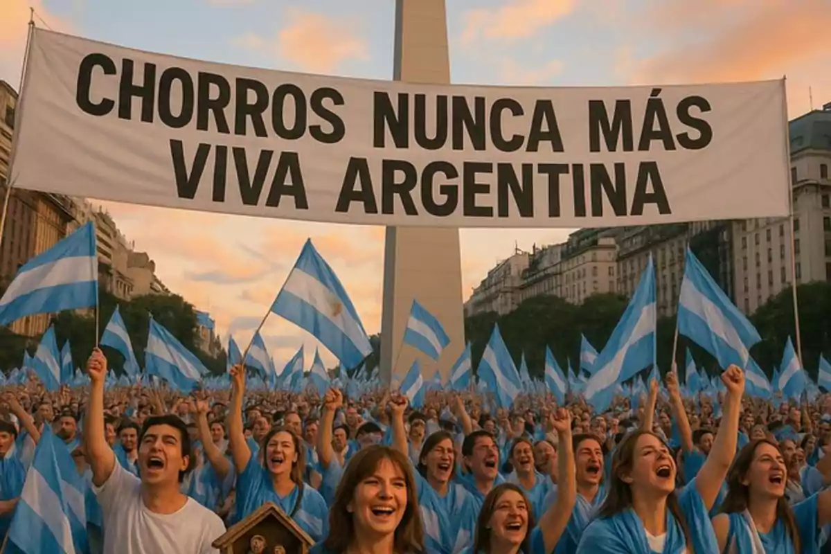 Multitud de personas con banderas argentinas celebrando frente al Obelisco de Buenos Aires bajo una pancarta que dice Multitud de personas con banderas argentinas celebrando frente al Obelisco de Buenos Aires bajo una pancarta que dice