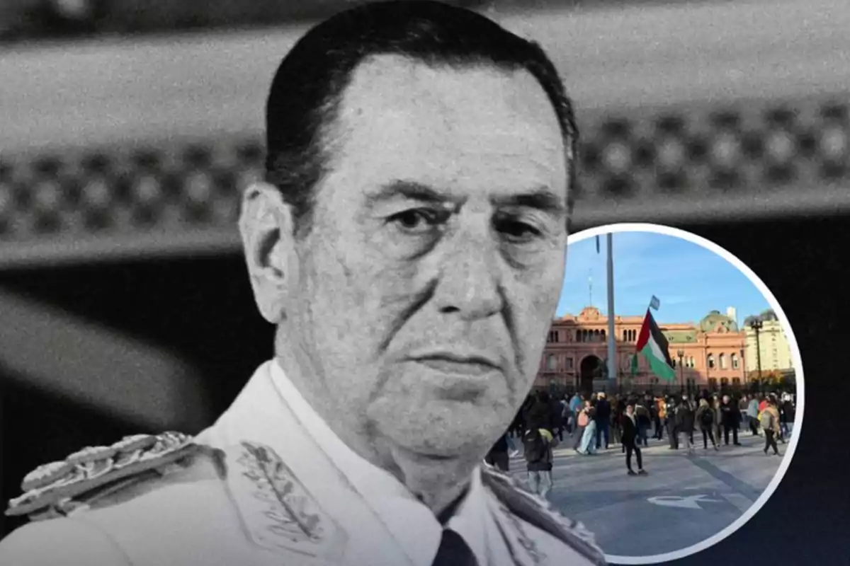 Black and white portrait of a man in military uniform in the foreground and a circular superimposed image of a demonstration in front of the Casa Rosada in Buenos Aires