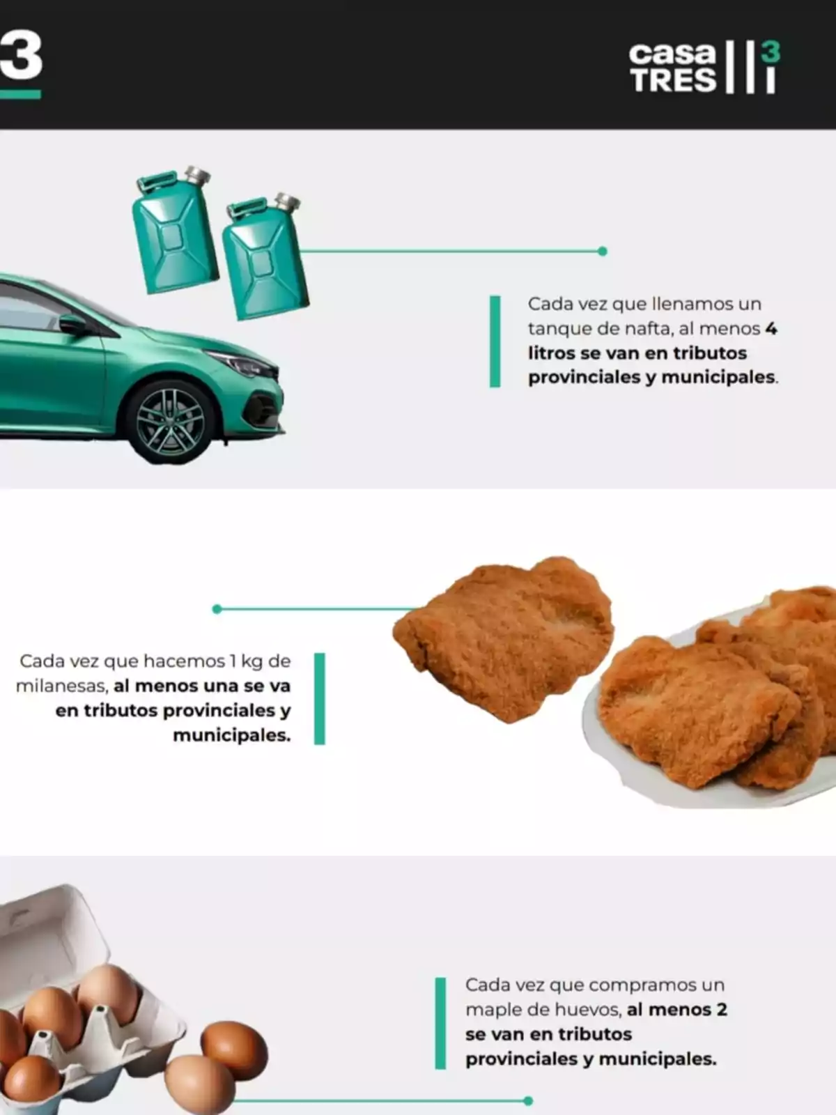 Infografía que muestra un auto, bidones de nafta, milanesas y un maple de huevos, explicando cuántos litros, unidades o huevos se destinan a impuestos provinciales y municipales al comprar cada uno de estos productos. Infografía que muestra un auto, bidones de nafta, milanesas y un maple de huevos, explicando cuántos litros, unidades o huevos se destinan a impuestos provinciales y municipales al comprar cada uno de estos productos.