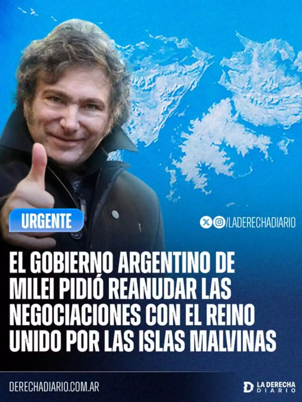 Un hombre sonriente con el pulgar hacia arriba frente a un mapa de las Islas Malvinas y un texto que informa que el gobierno argentino de Milei pidió reanudar las negociaciones con el Reino Unido por las Islas Malvinas Un hombre sonriente con el pulgar hacia arriba frente a un mapa de las Islas Malvinas y un texto que informa que el gobierno argentino de Milei pidió reanudar las negociaciones con el Reino Unido por las Islas Malvinas