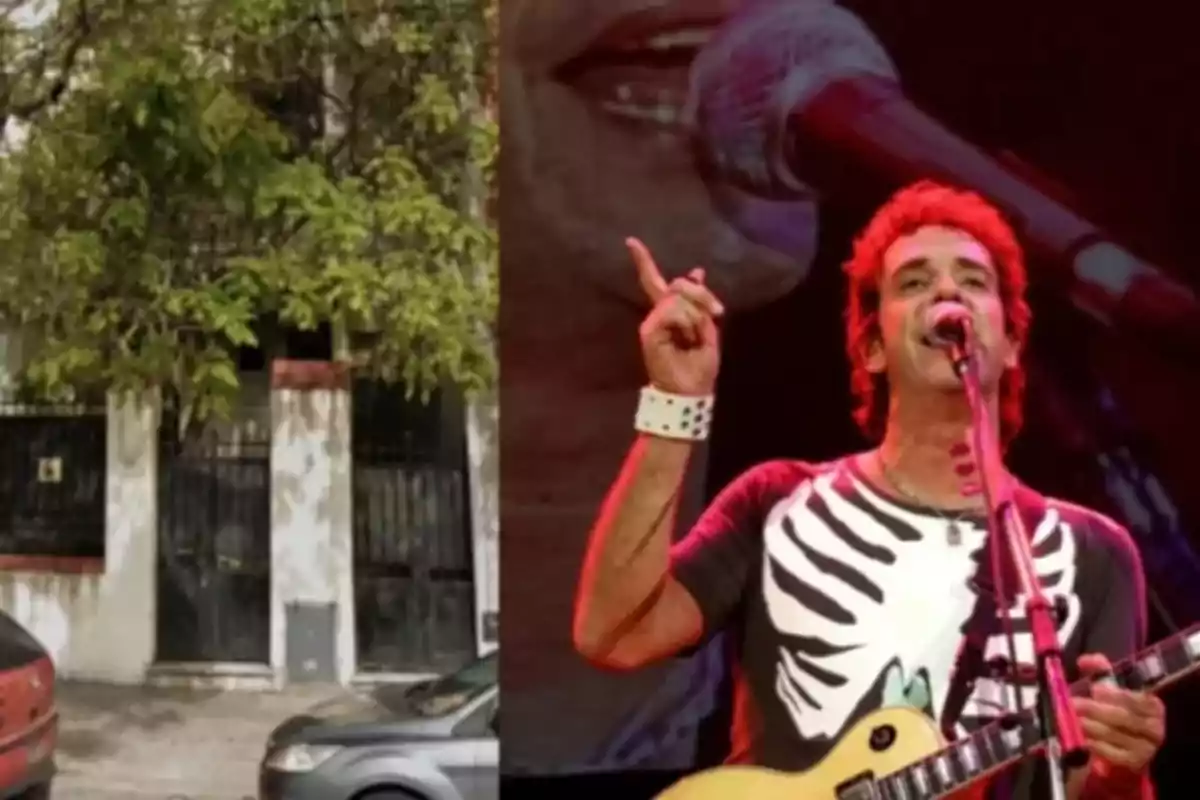 A la izquierda se ve una casa con árboles y autos estacionados, a la derecha un hombre con guitarra cantando en un escenario. A la izquierda se ve una casa con árboles y autos estacionados, a la derecha un hombre con guitarra cantando en un escenario.