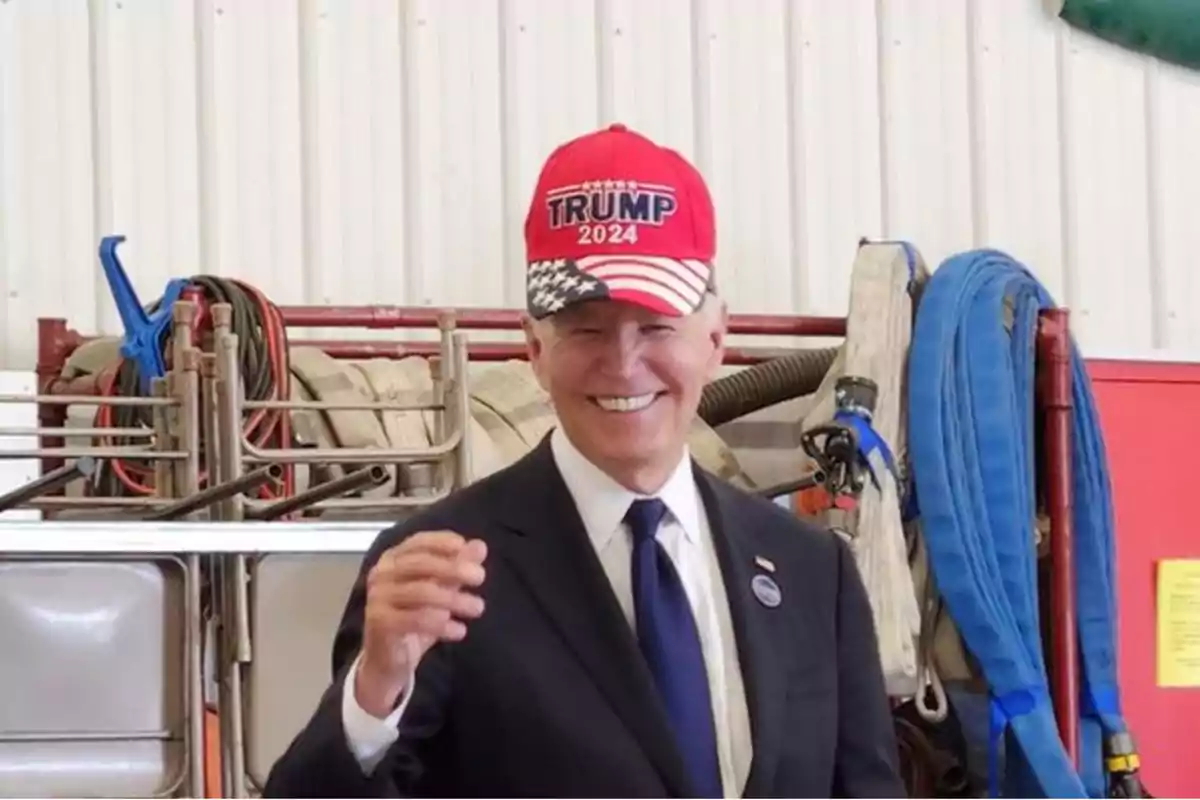 Un hombre sonriente con traje y corbata lleva una gorra roja con texto en un entorno industrial.