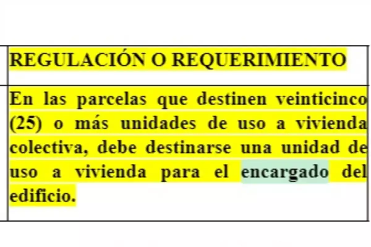 Imagen de un documento resaltado en amarillo que indica una regulación o requerimiento sobre la destinación de una unidad de uso a vivienda para el encargado del edificio en parcelas con veinticinco o más unidades de uso a vivienda colectiva.