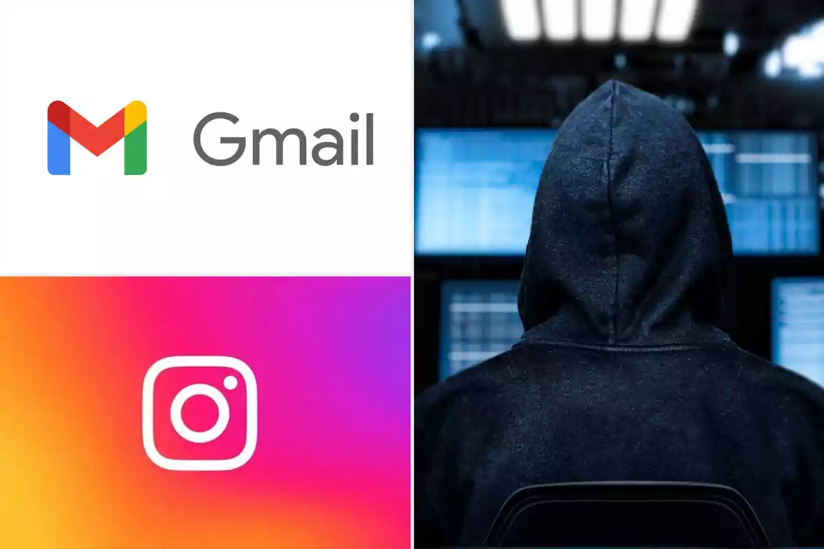 Gmail and Instagram logos next to a hooded figure in front of screens.