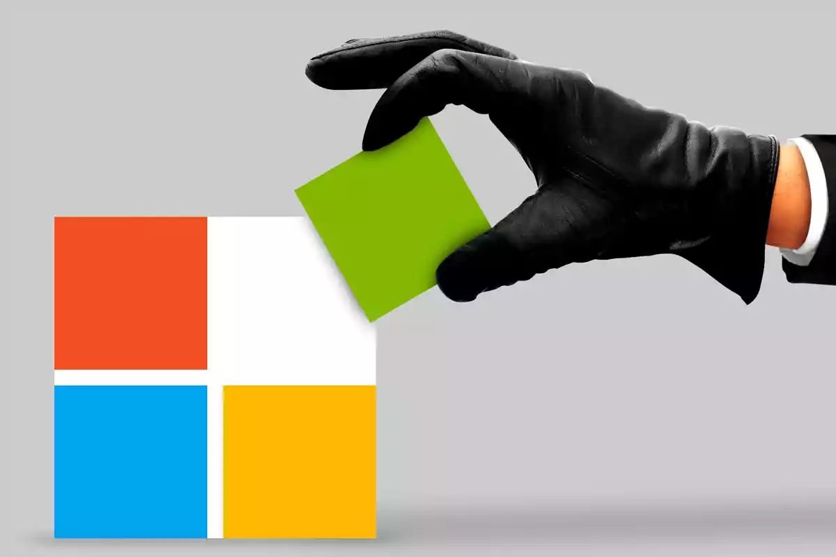 A hand in a black glove holds a green square in front of a four-color logo. A hand in a black glove holds a green square in front of a four-color logo.