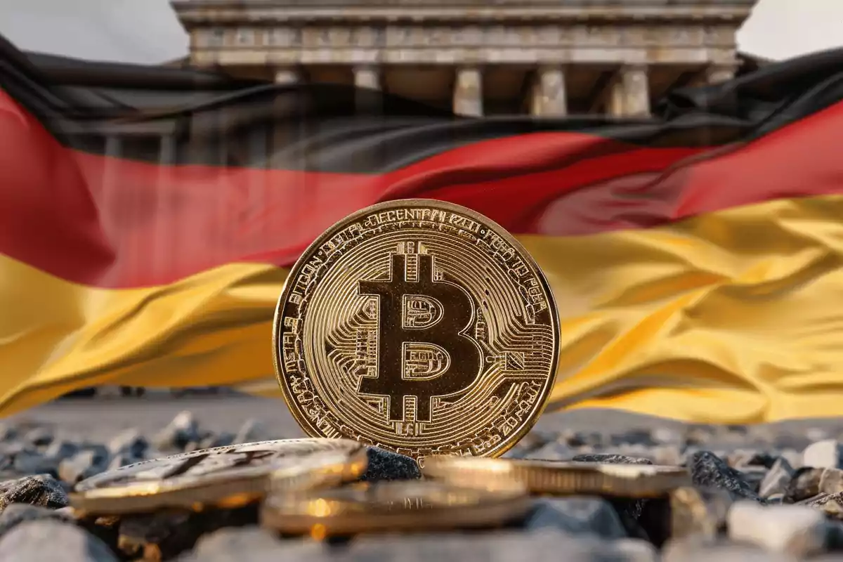 Moneda de Bitcoin sobre un fondo de la bandera de Alemania y un edificio clásico.