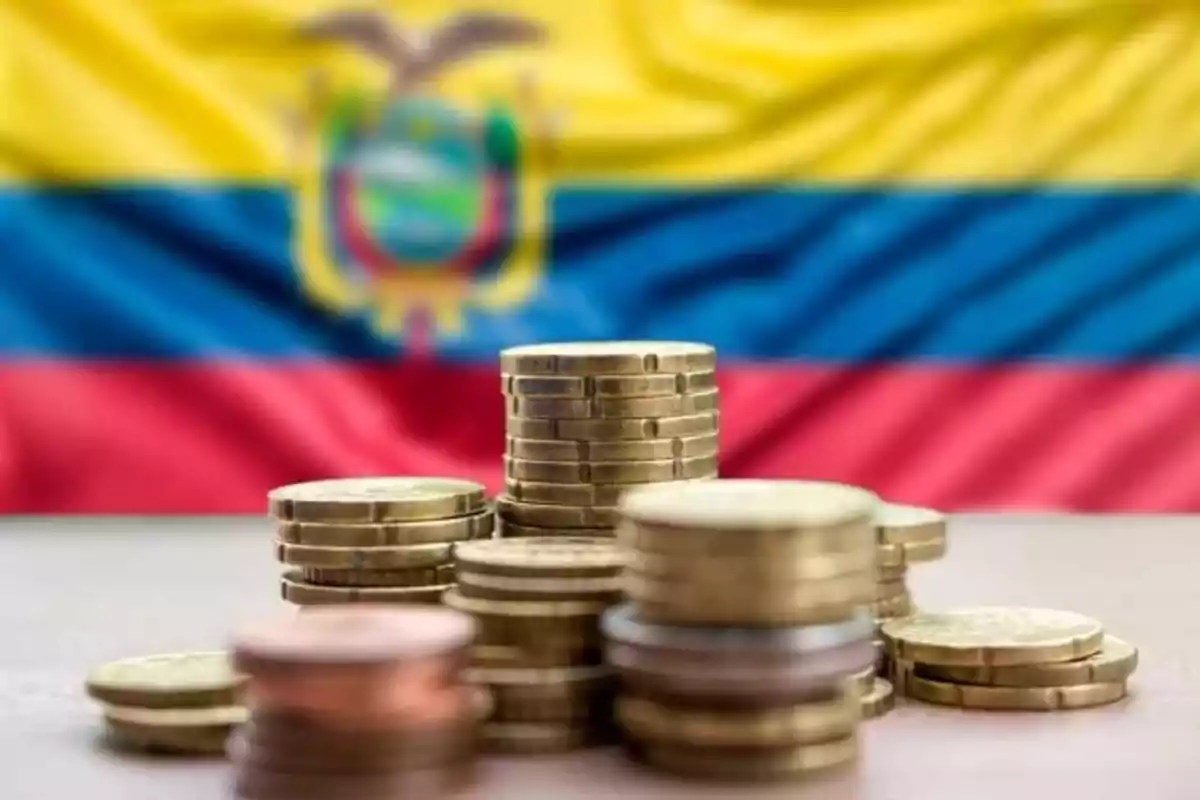 Stacked coins in front of a blurred Ecuadorian flag.